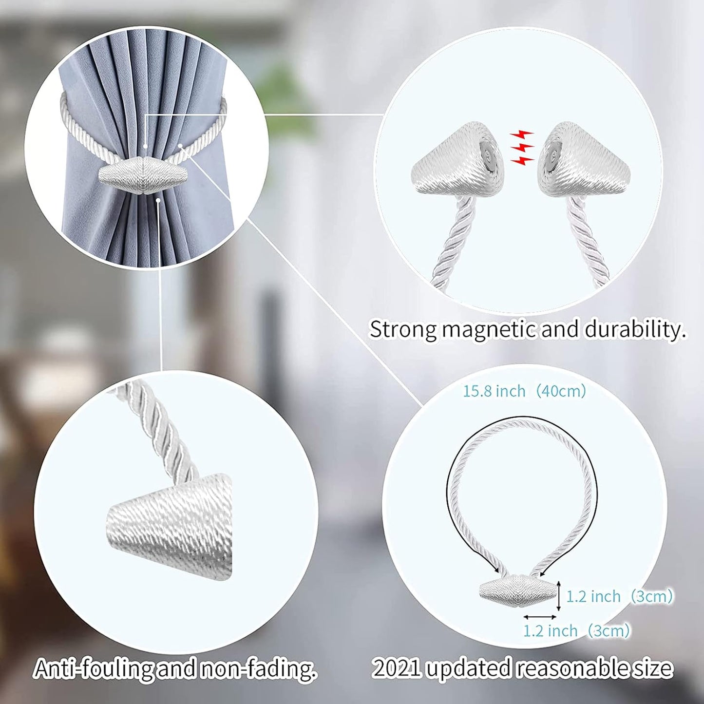 Hion Magnetic Curtain Tiebacks White 2pcs, Curtain Tiebacks Buckles Holdbacks Holders Hooks Clip for Home Bedroom Office Decorative Curtain