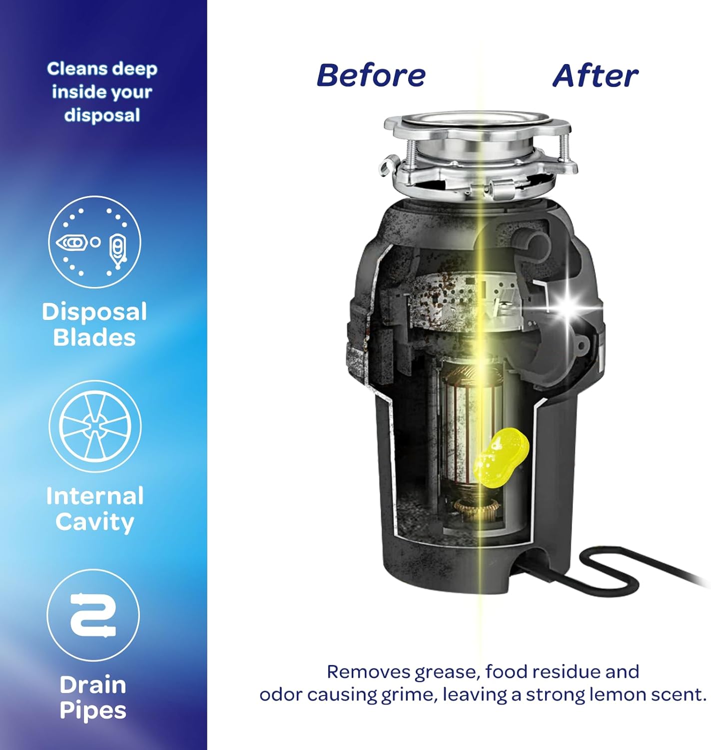 Garbage Disposal Cleaner and Deodorizer Tablets - Kitchen Sink Cleaner and Deodorizer, Septic Safe, Lemon Scent, Removes Odor-Causing Residues (12 Pack)