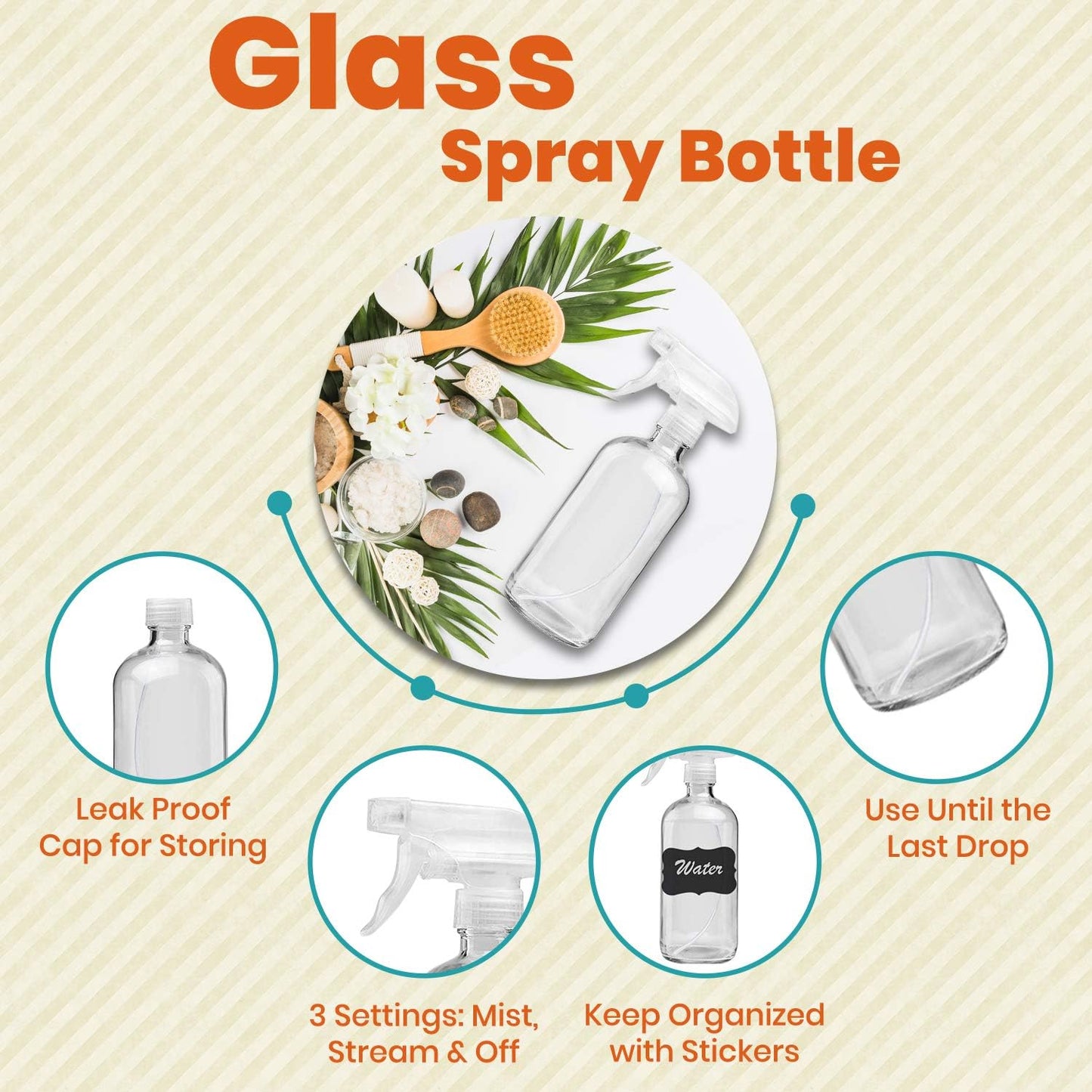 Clear Glass Spray Bottles For Cleaning Solutions (4 Pack) - 16 Ounce, Refillable & Reusable Sprayer for Essential Oil, Water, Kitchen, Hair. Durable Black Trigger Sprayer w/Mist and Stream Settings