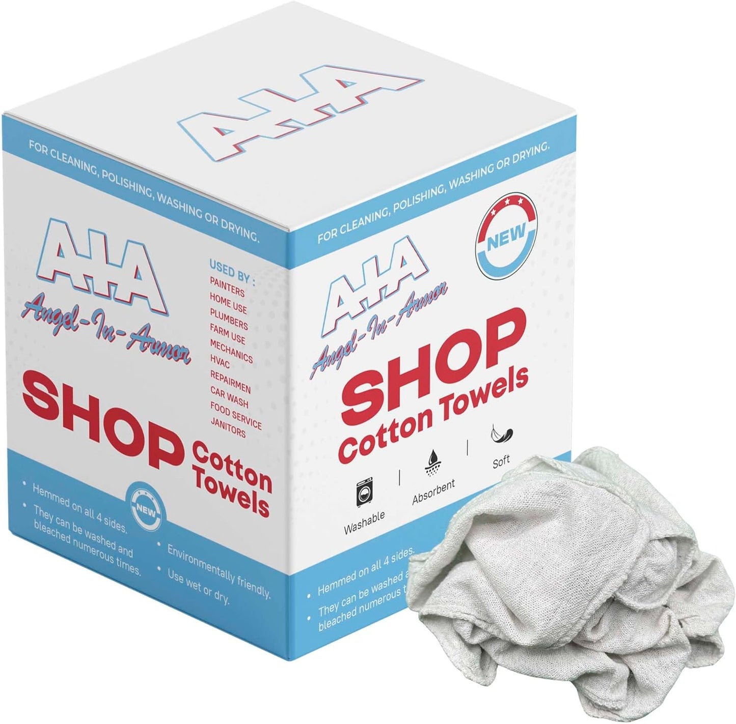 Angel-in-Armor Shop Towels (14”x14”) – 500 Unit Box of Lint-Free Cotton Shop Towel Cleaning Rags – Durable Shop Rags for Auto, Garage, Industrial, and Commercial Use