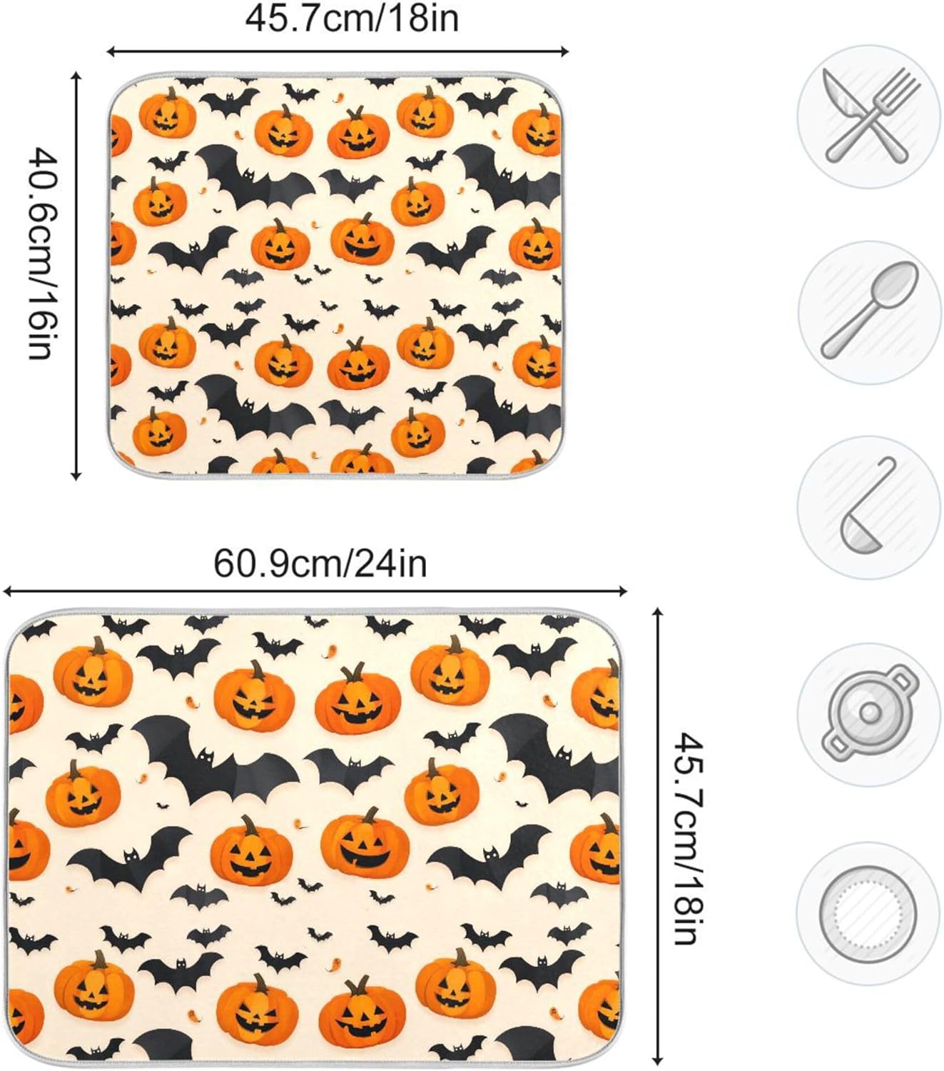 Halloween Black Bat Dish Drying Mat for Kitchen Countertop 16x18 Spooky Evil Pumpkin Lantern Small Drying Mat Reusable Quick Dry Dish Sink Mats Easy Clean Decorative Essentials