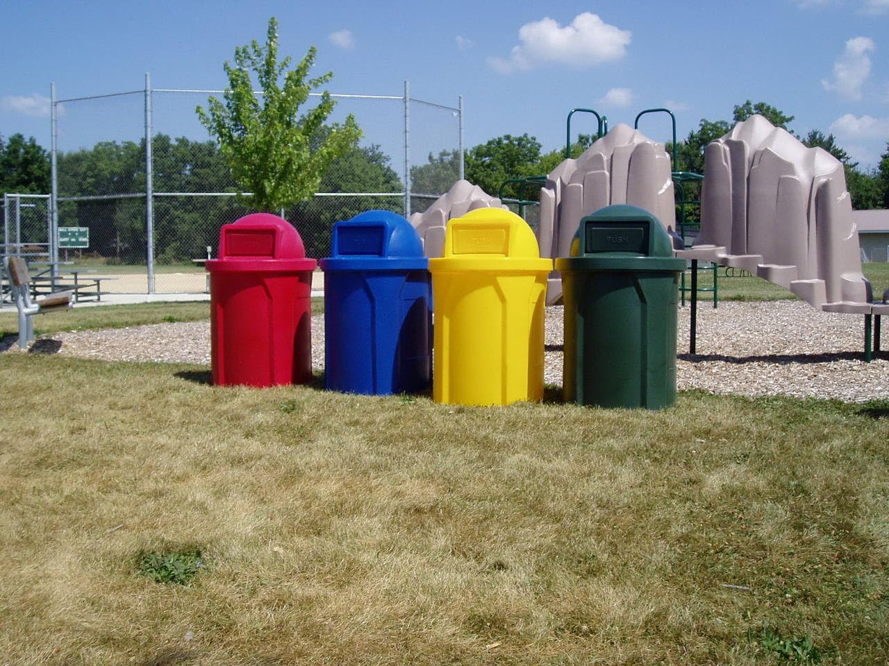 42 Gallon Circle 100% Recycled Plastic Heavy Duty Outdoor Commercial Trash Can with Push Open Dome Lid and Internal Liner | Great for Schools and Businesses - Yellow