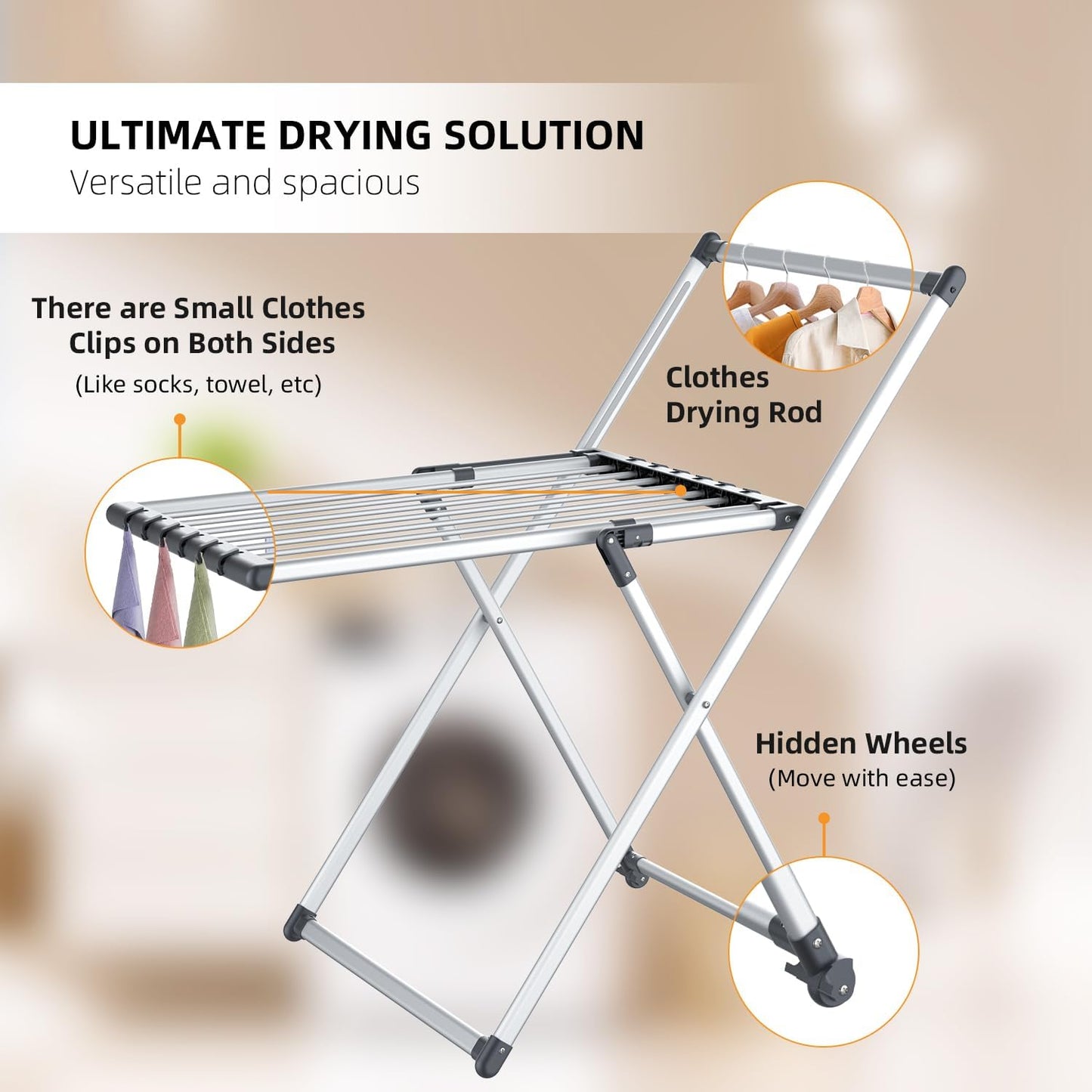 Clothes Drying Rack, Foldable Laundry Rack for Indoor Outdoor, 10pcs Sock Clips, Collapsible Space-Saving Drying Rack for Clothes Towels Dolls