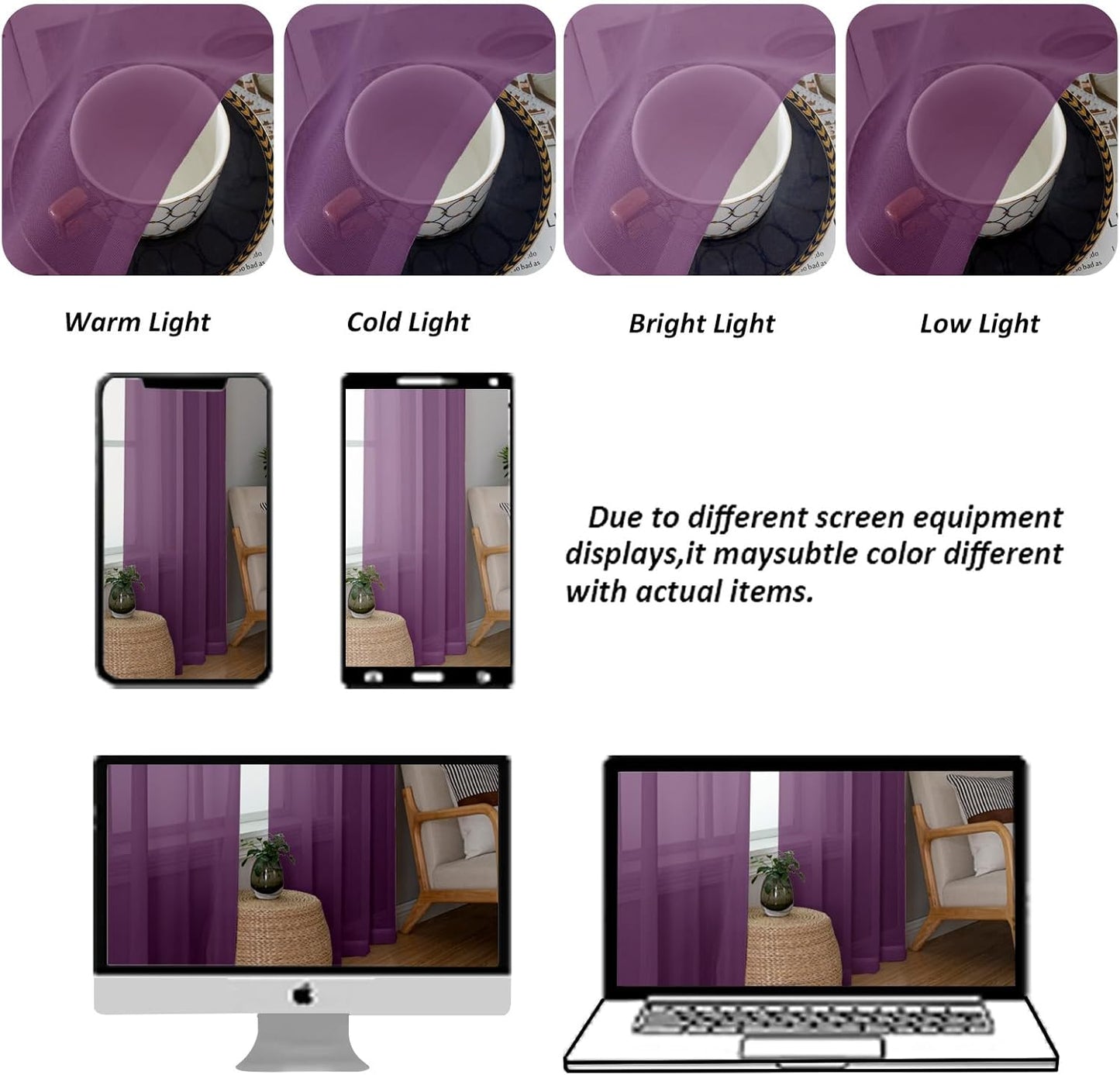 Chyhomenyc Plum Sheer Curtains, 84 inches Long 2 Panels Set, Rod Pocket Voile Drapes for Living Room Bedroom, 2PCS, Each 42 W x 84 L