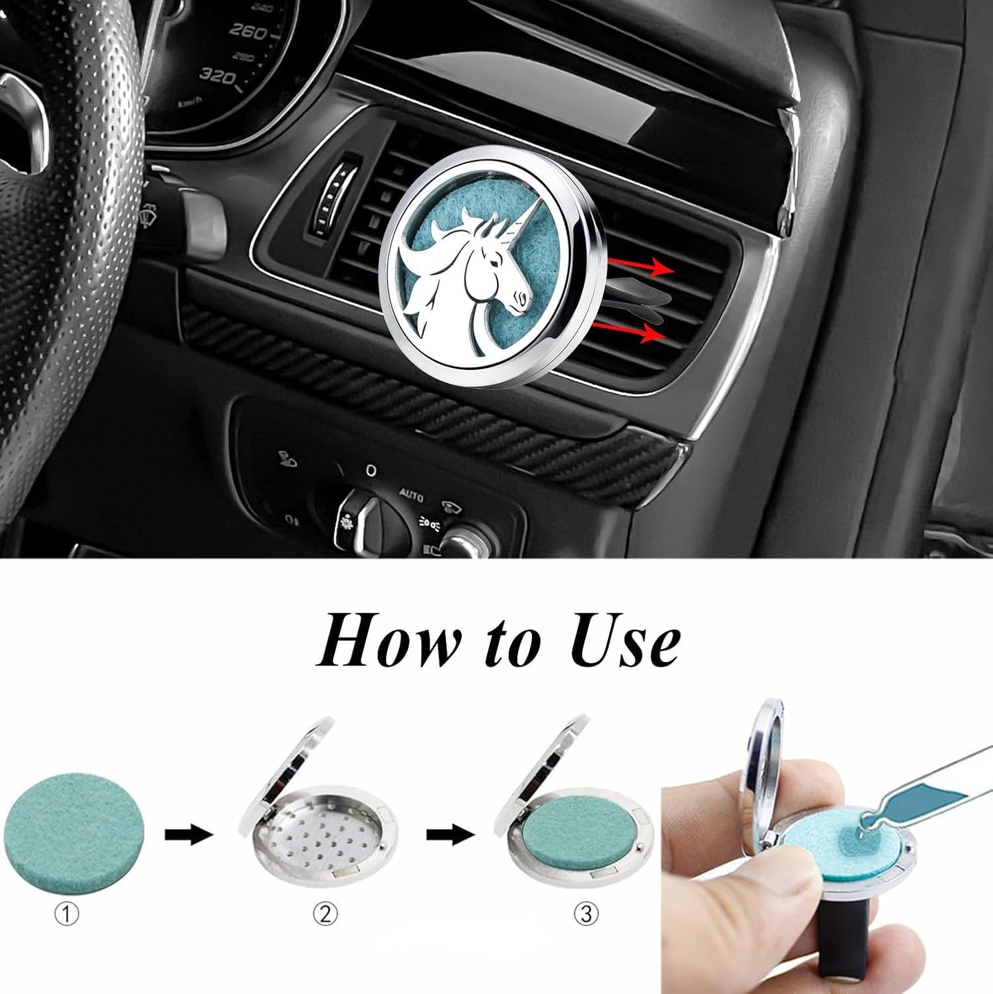 30mm Car Essential Oil Diffuser Vent Clip Air Freshener Vent Clips Aromatherapy with 10 Felt Pads Car Accessories Mother's Day for Women (Horse)