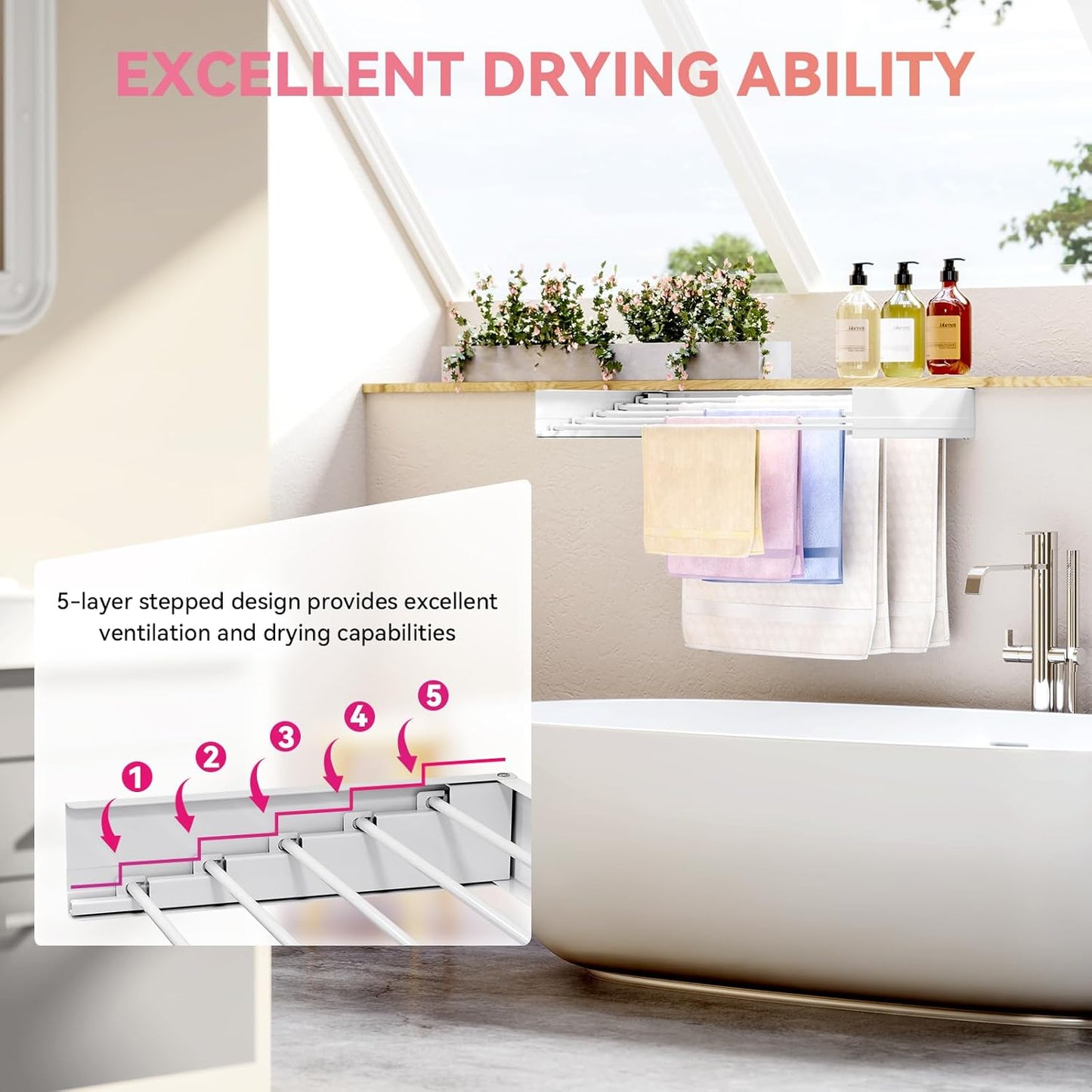 APEXCHASER Wall Mounted Clothes Drying Rack, Laundry Drying Rack Retractable, Towel Racks for Bathroom Balcony Laundry Room Wall Mounted, Foldable Drying Rack for Clothing, 31.5", White