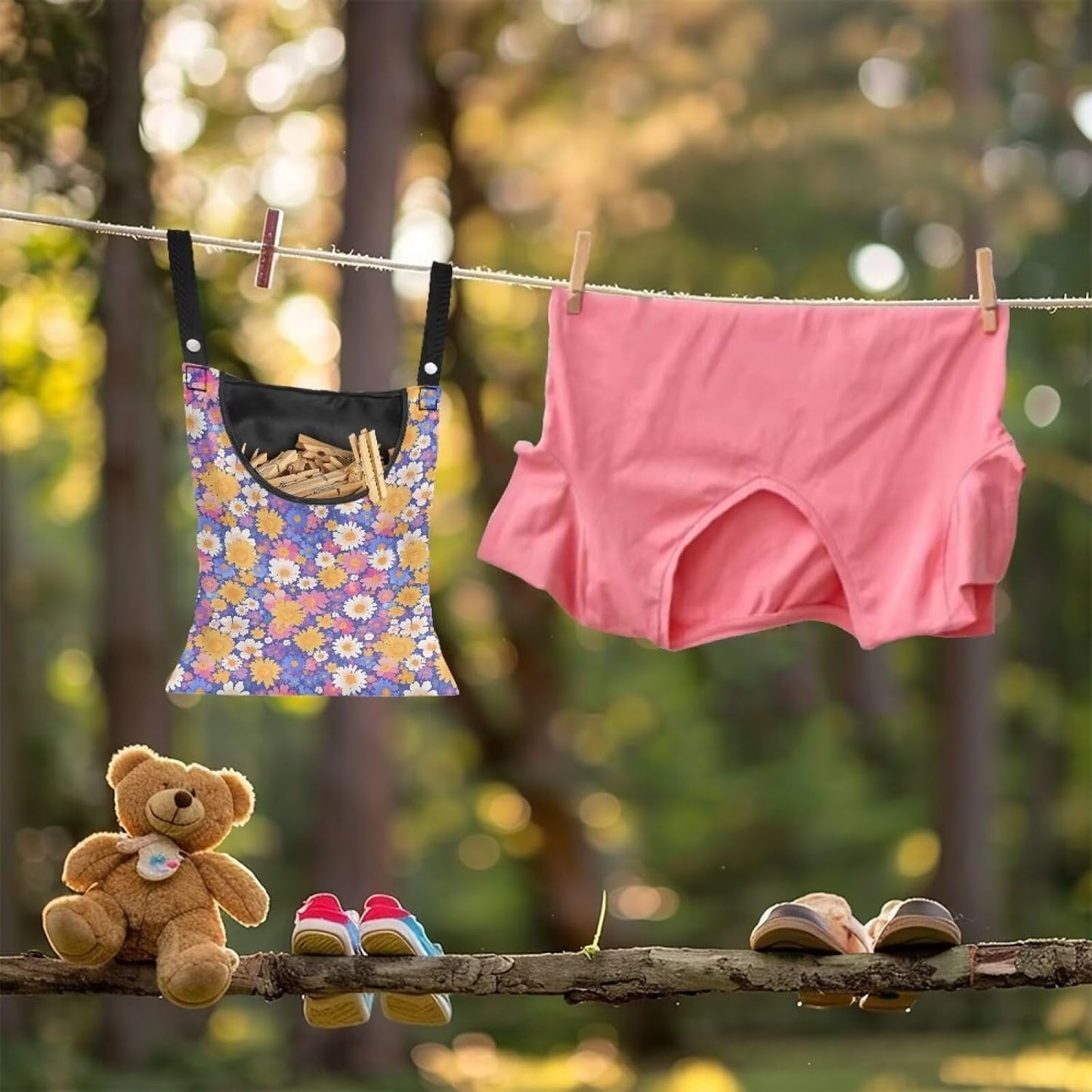 Clothespin Bag with Hanging Rope for Home Outdoor，Laundry Hanging Bag Fits Clothes Lines for Hanging Clothes Outside Balcony Bathroom Corridor Yard - Daisy Floral