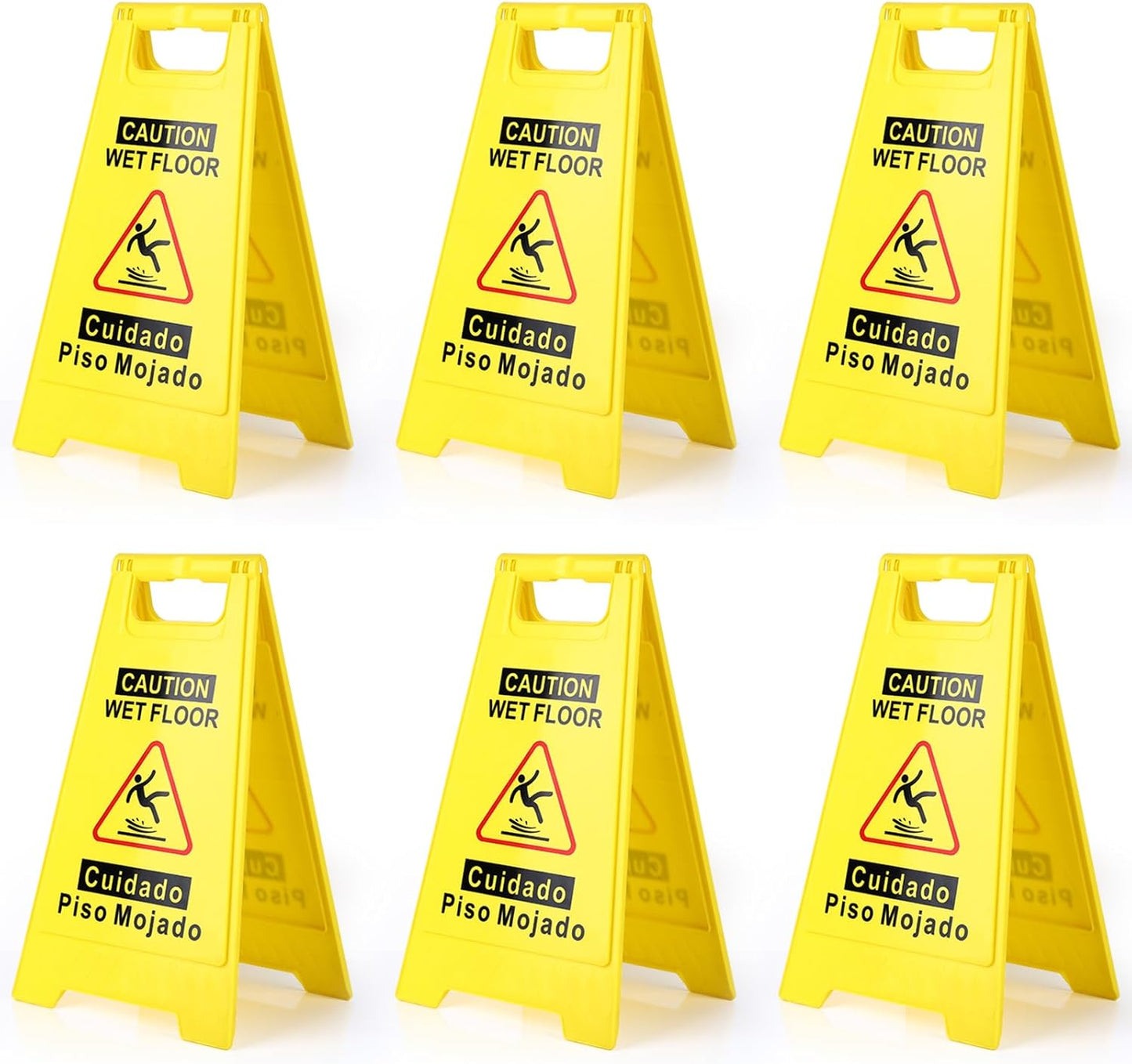 6-Pack Caution Wet Floor Sign,17.5" Height,Bright Yellow Double-Sided Folding A-Shaped Frame Design, Bilingual Caution Message