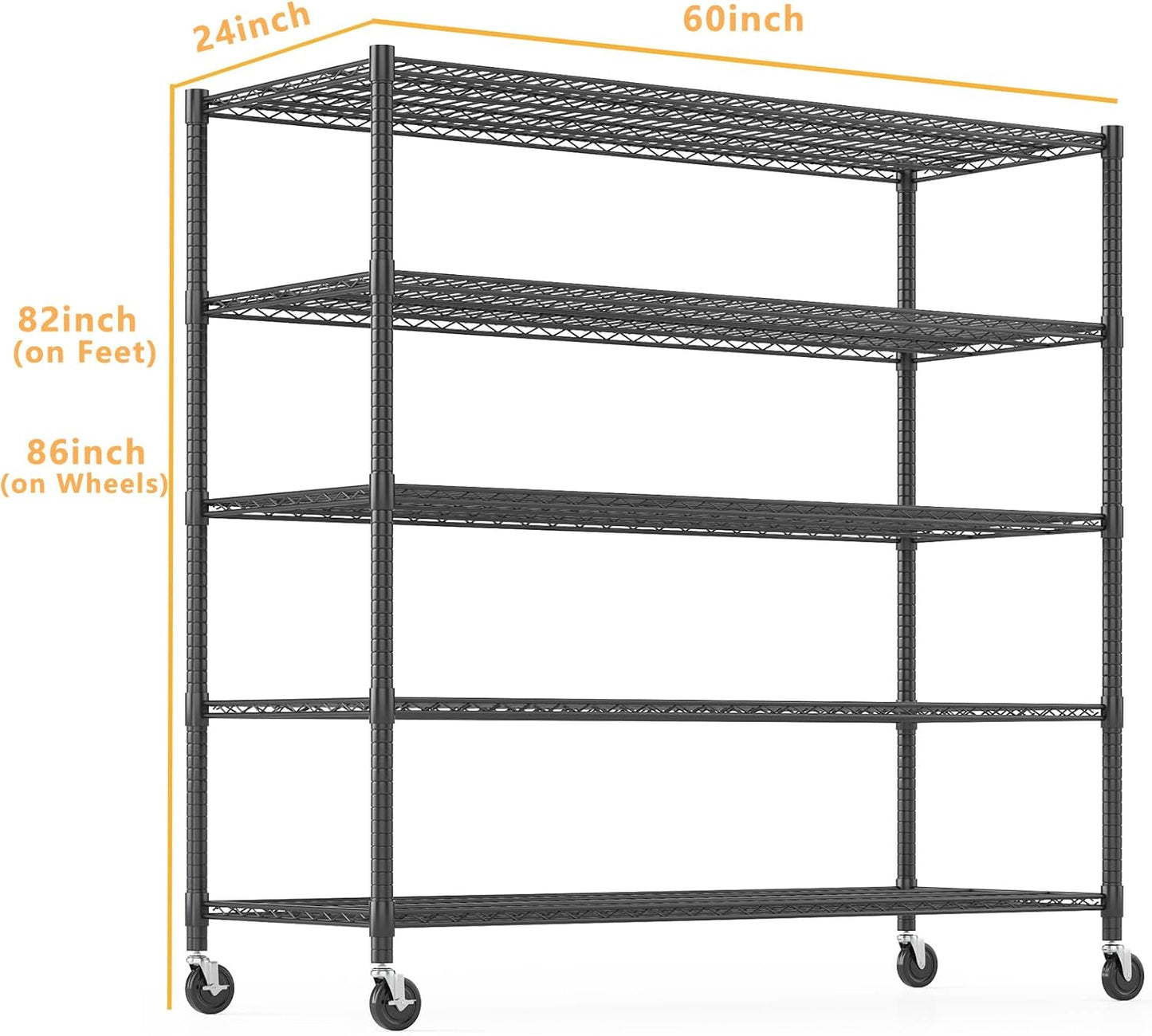 Himimi Storage Shelves 60"W Wire Shelving with Wheels 3250LBS Heavy Duty Metal Shelves for Storage, 5-Tier Adjustable Wire Rack Shelving Garage Shelving Kitchen Storage Shelves 24"Dx60"Wx82"H, Black