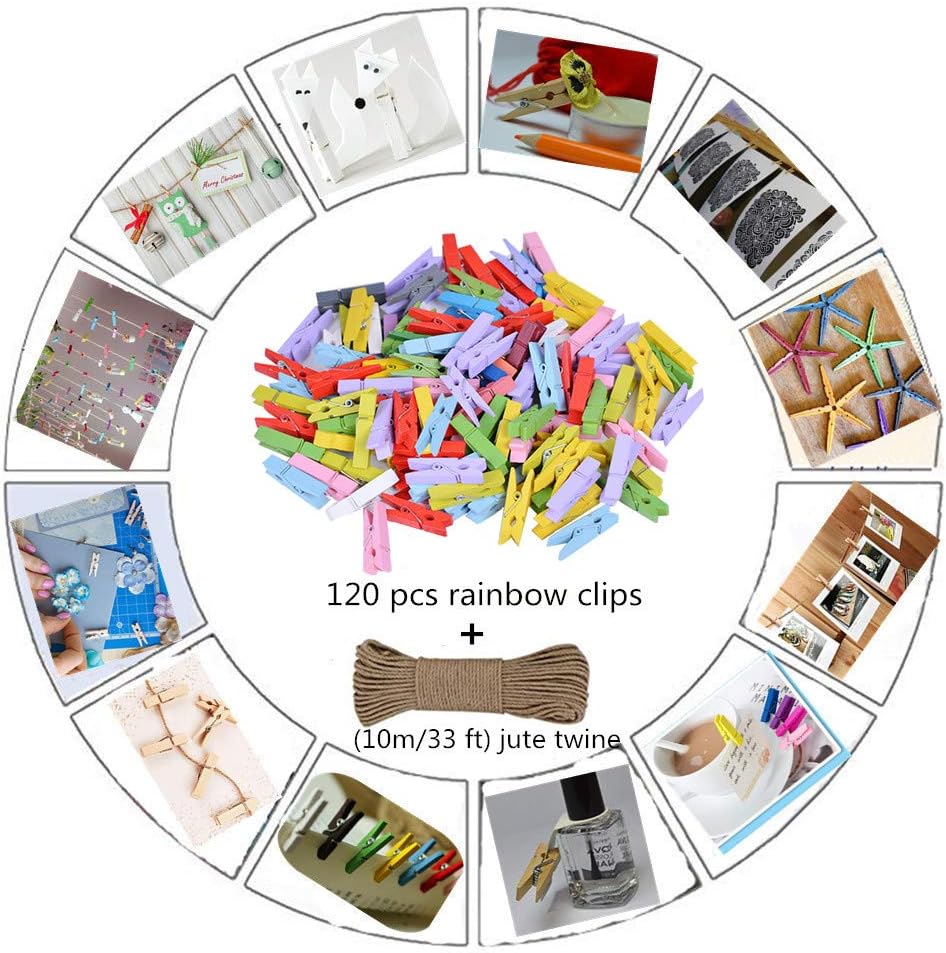 DurReus 50 Piece Small Wood Clips Mini Clothespins with Spring Jute Twine Durable Wall Peg Pin for Craft,Art Project,DIY,Party Decorative Purple