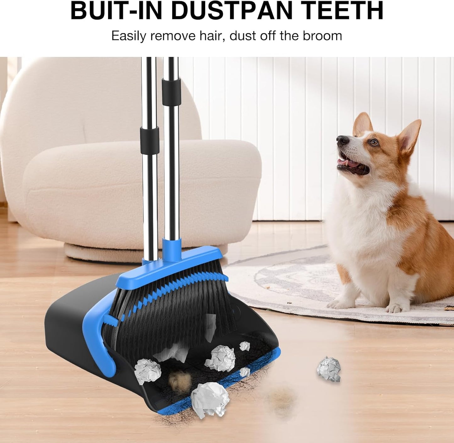 NACENA Broom and Dustpan Set, 52-in Long Adjustable Handle Broom Dustpan Combo with Dustpan Teeth to Automatically Clean Hair Suitable for Home Kitchen Office Hall Floor（Black&Blue）