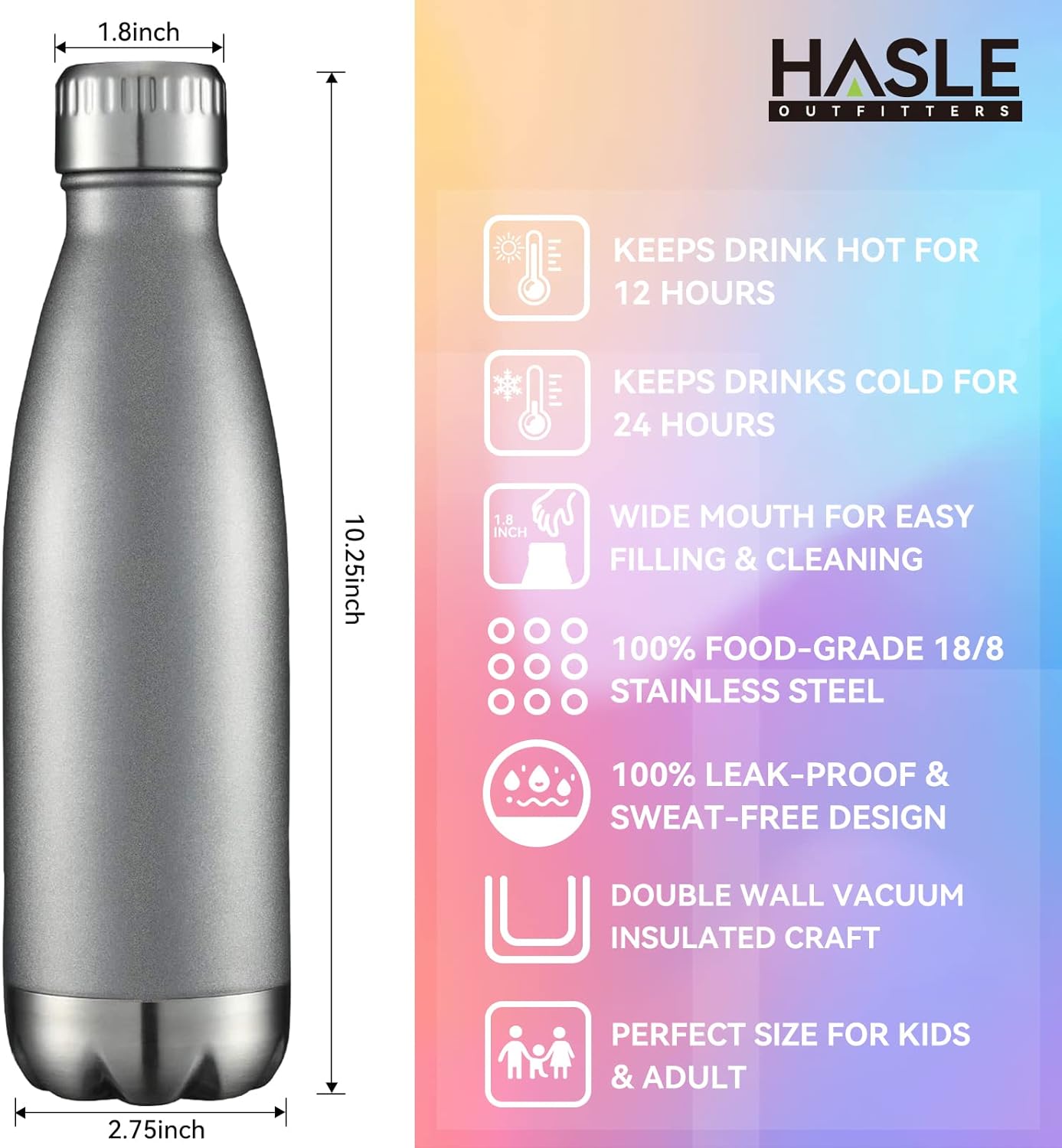 HASLE OUTFITTERS 17oz Stainless Steel Water Bottles, Vacuum Insulated Water Bottles Double Walled Reusable Metal Sports Water Bottles Keep Drinks Hot and Cold, Gray, 1Pack