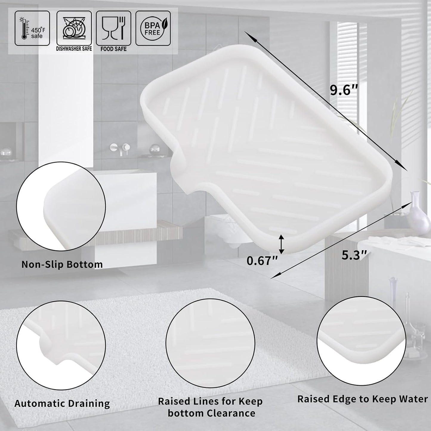 Silicone Bathroom Soap Dishes with Drain Spout-Bathroom and Kitchen Sink Organizer,Sponge Holder,Dish Soap Tray,Perfect for Dispenser,Scrubber,Bottle,Cup on Counter Translucent 9.6"×5.3"