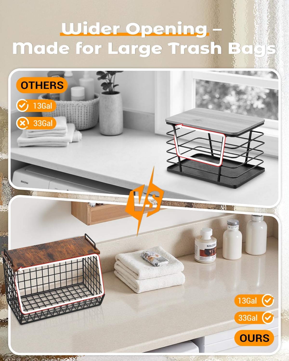 Extra Large Trash Bag Holder Under Sink, Wall Mounted Garbage Bag Dispenser Roll Holder for 13/33 Gallon Trash Bags, Kitchen/Pantry/Laundry Room Organization Basket Storage Bin, Tool-Free Assembly