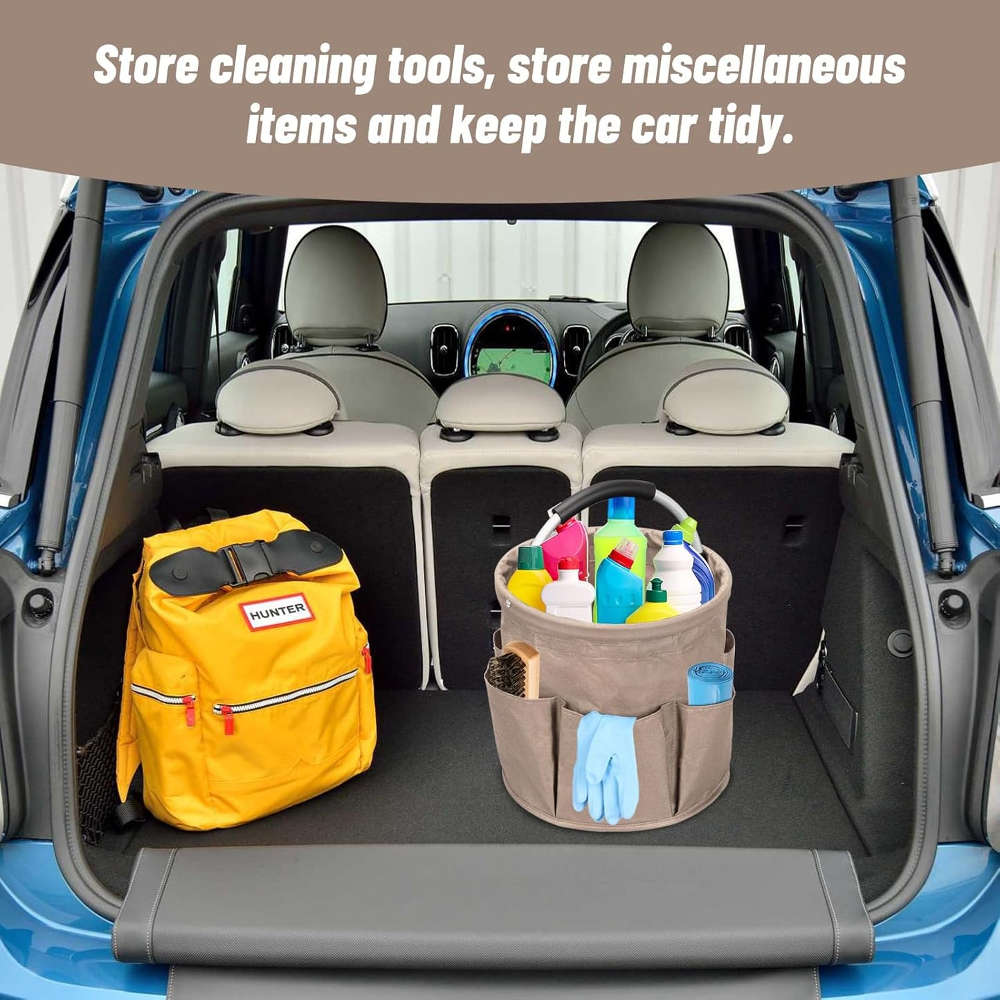 Qivine 17L Cleaning Caddy with Handle, Cleaning Supply Caddy Foldable Cleaning Caddy Cleaning Products Organizers Portable Cleaning Bucket Organiser for Storing Towels (Khaki)