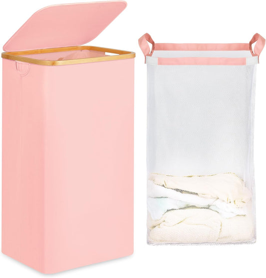 26 Gal Laundry Basket with Lid and Net Bag, Tall Laundry Hamper with Bamboo Handles, Aesthetic Dirty Clothes Bin for Laundry Room, Bathroom, Bedroom and Dorm, Pastel‌