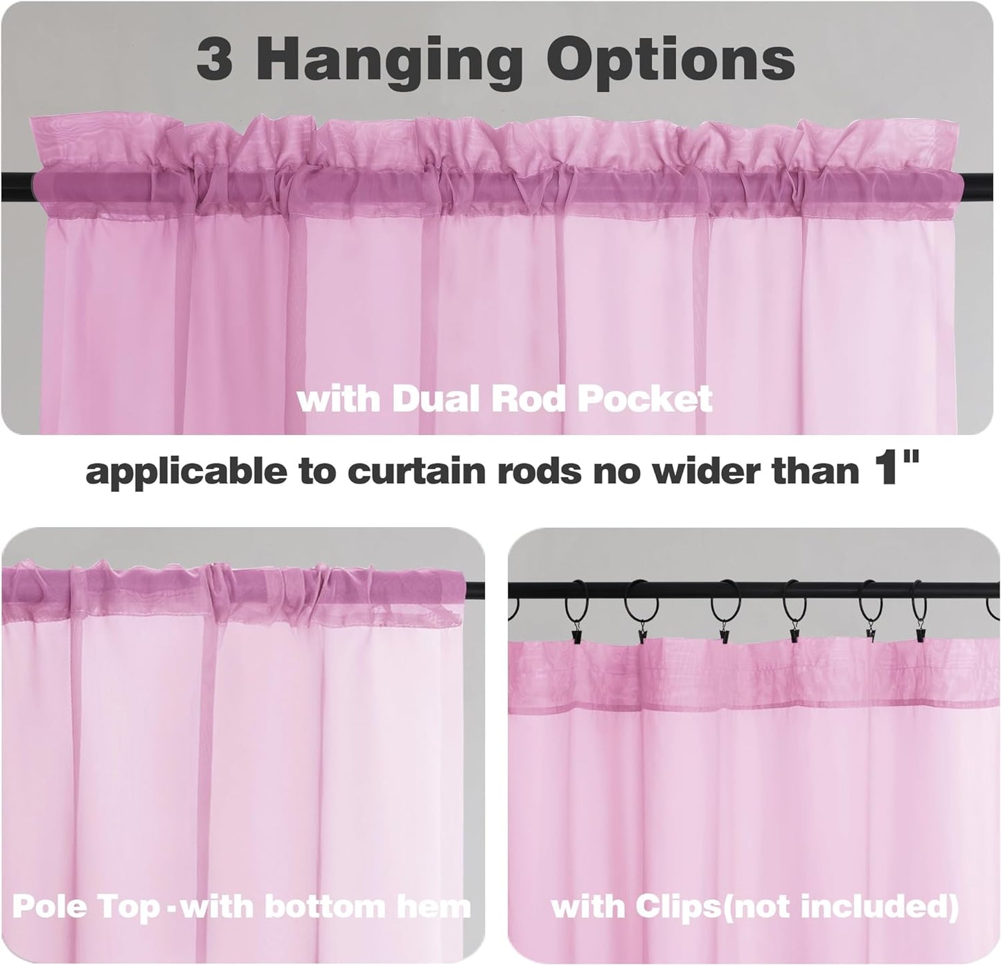 Chyhomenyc Sheer Valances for Windows 2 Pack, Small Window Curtains for Living Room Bathroom Cafe Laundry Basement, Modern Top Dual Rod Pocket Voile Curtain, 42W x 18L inches, Pink