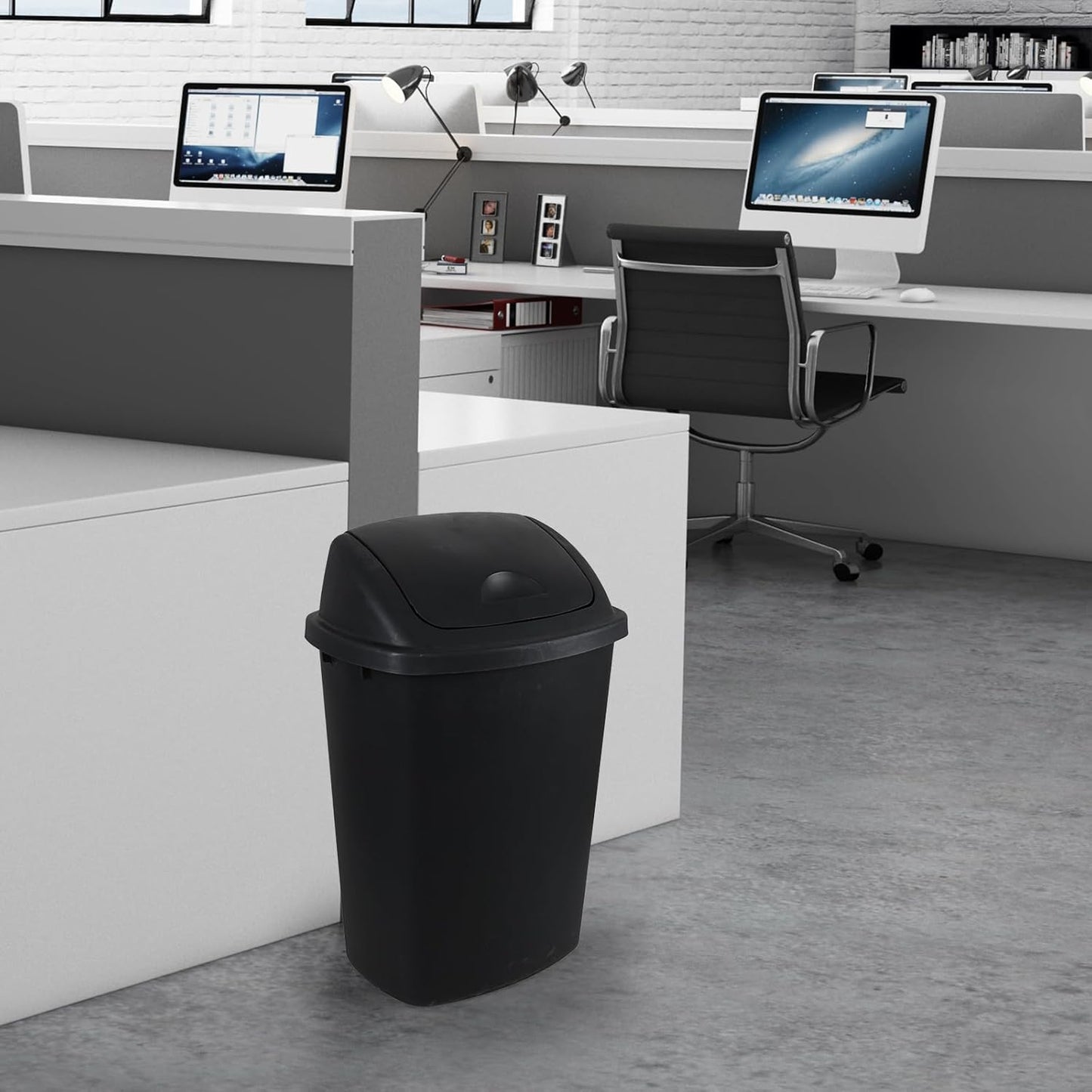 10 Gallon Plastic Garbage Bin with Lid, Swing Top Waste Container, Kitchen Trash Can with Swing Lid, Black, 4 Packs