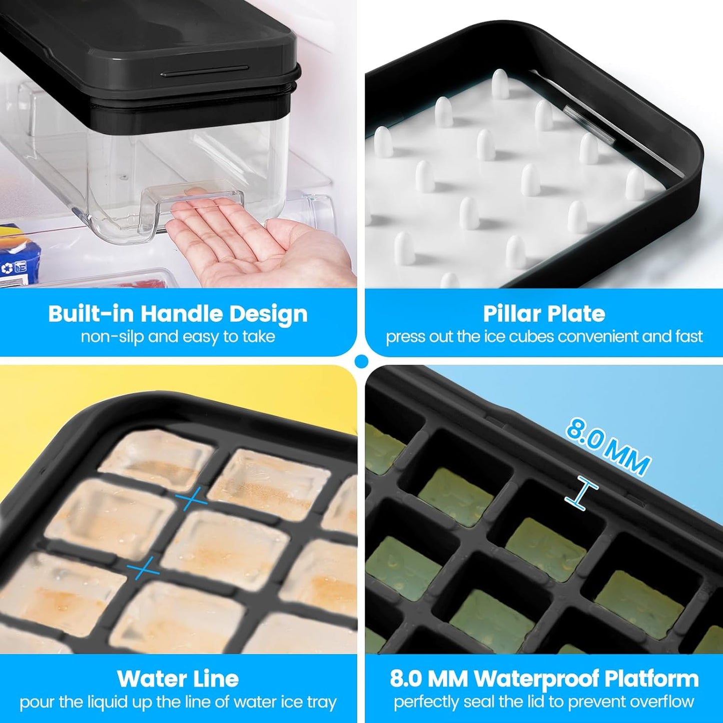 Ice Cube Tray with Lid and Bin, PHINOX 64 pcs Ice Trays for Freezer, Ice Cube Trays for Freezer with 2 trays, Container, Lid & Ice Scoop, BPA Free, Black