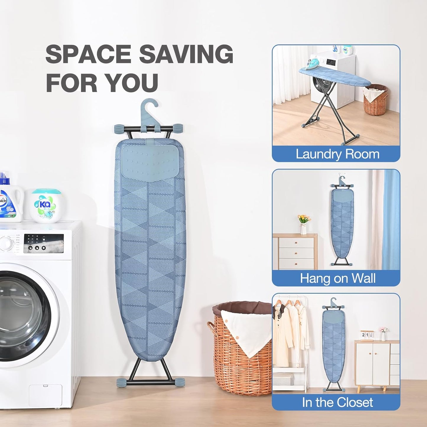 APEXCHASER Ironing Board with Iron Rest, Compact and Space Saver Iron Board, Extra Thick Cover, Height Adjustable, Wall Mount & Closet Hanger 13x43 Blue