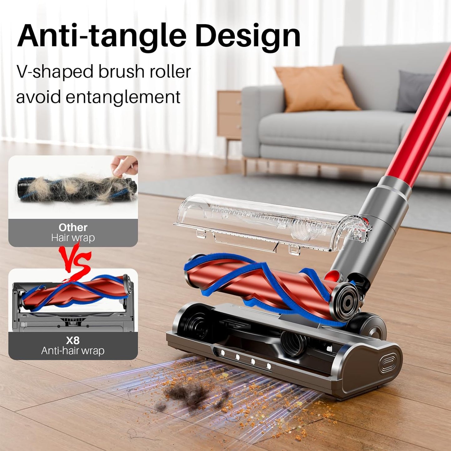 Cordless Vacuum Cleaner, Lightweight Stick Vacuum Cleaner for Home, 6 in 1, Anti-Tangle Vacuum with Powerful Suction, 180° Bendable Wand Rechargeable Cordless Vacuum for Floor Pet Hair/Carpet Deep Red
