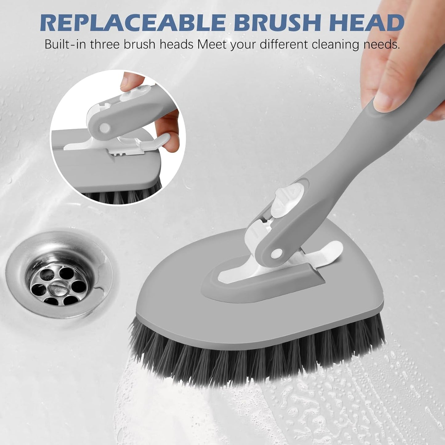 SetSail 4-in-1 Tile Tub Floor Scrubber with 52-inch Adjustable Long Handle Shower Cleaner Brush with Window Scrubber and 3 Replacement Brush Heads for Bathroom Kitchen Walls Tub Tile Sink, Grey