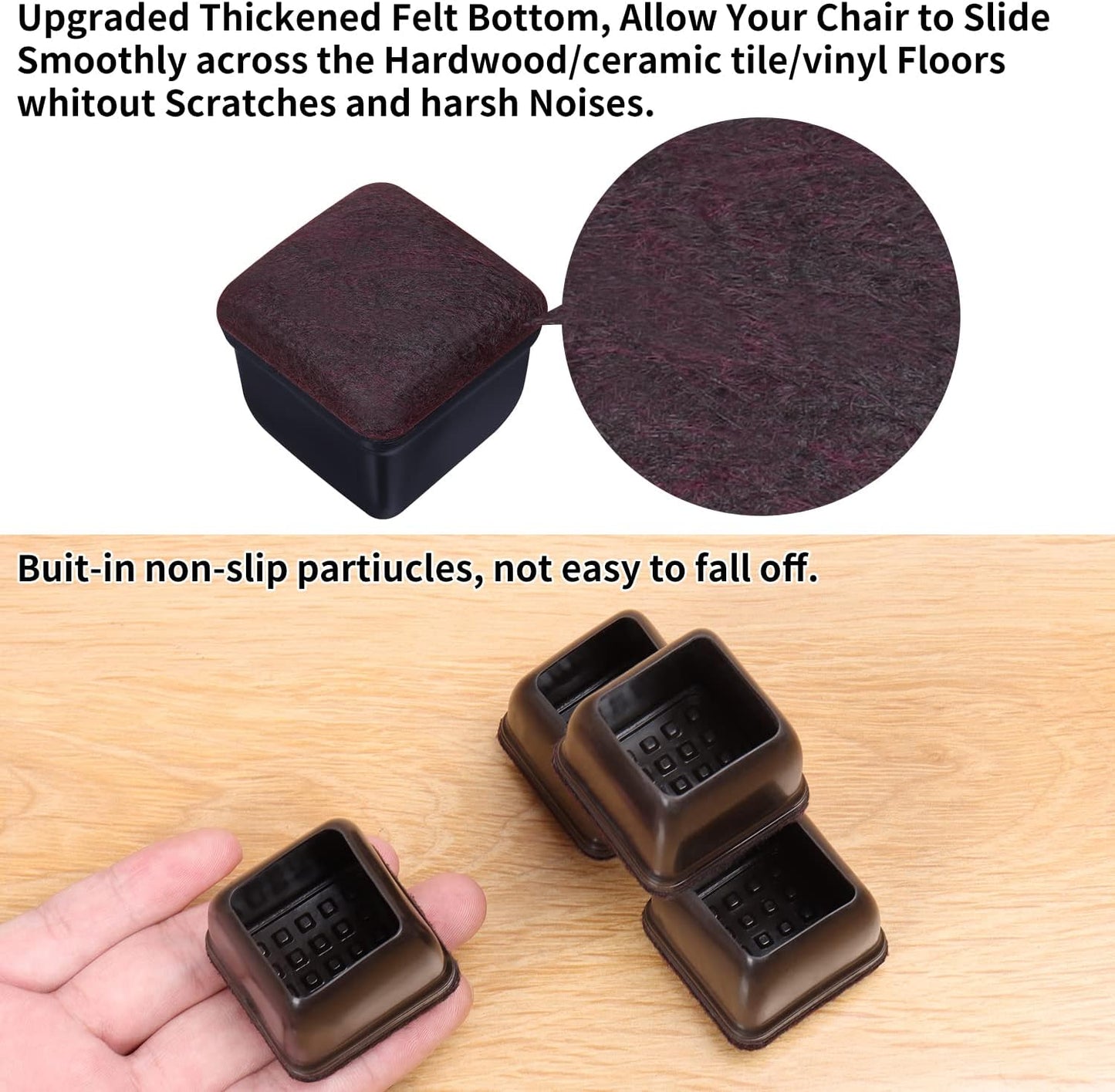 Ezprotekt 24 Pcs Square Chair Leg Floor Protectors with Felt, Silicone Felt Furniture Pads for Hardwood Floor, Dining Table Leg Caps Covers No Scratches and Noise (L Fit: 1" - 1.4", Black)