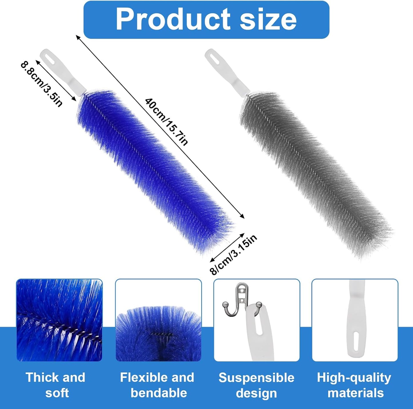 2 Pcs Cobweb Duster, Bendable Fan Cleaner Brushes Set Reusable, Plastic Microfiber Duster for Air Conditioning Shutters,Ceiling Fan, Blades, Curtains,Air Vents(Blue，Gray)