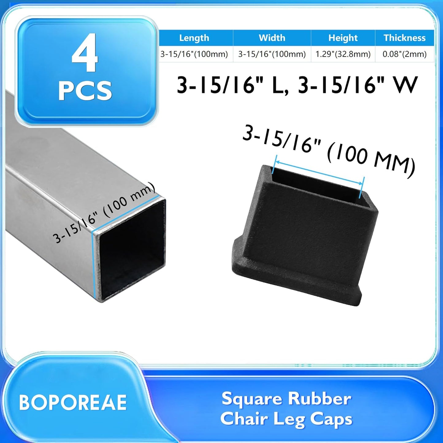 4 Pcs 4" x 4" Square Rubber Chair Leg Caps, PVC Table Leg Covers, Flexible & Anti-Slip Furniture Leg End Caps, Chair Leg Floor Protectors for Bar Stool Leg Patio Indoor, Black