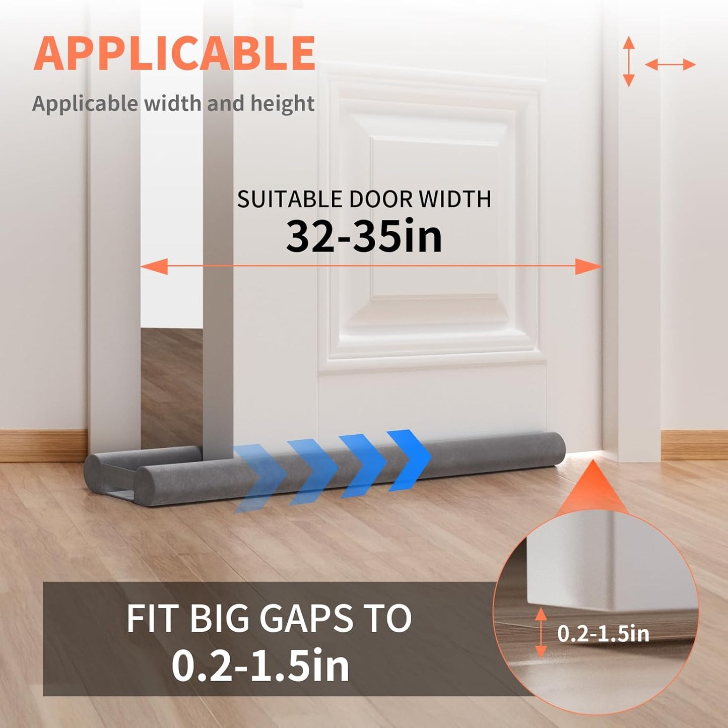 Door Draft Stopper for Bottom of Door, Under Door Gap Filler/Seal for Big Gap, No Folding Required, Flexible Installation Door Sweep soundproofing Strip for Home & Apartment, 32-36in, Grey