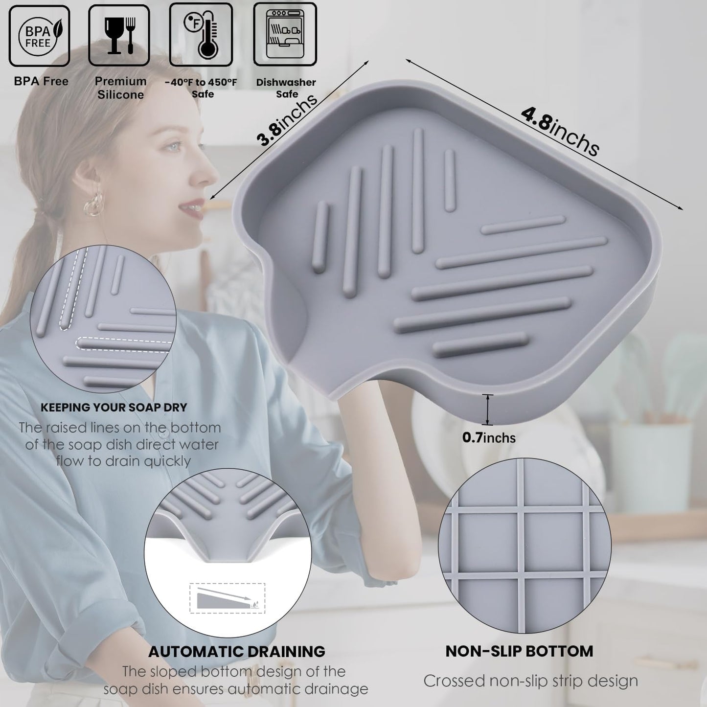 YASMEN 2 Pcs Silicone Soap Dish, Soap Holder with Drain, Sponge Holder for Kitchen Sink, Soap Dispenser Tray, Bathroom & Kitchen Sink Organizer, Rubber Soap Dishes for Bar Soap,Soap Bottles-Black/Grey