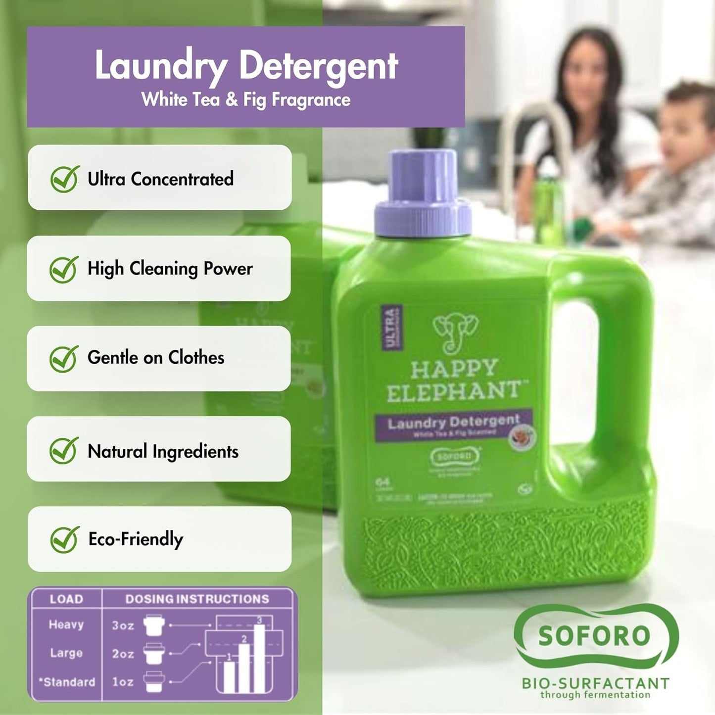 Happy Elephant Liquid Laundry Bundle, White Tea & Fig Scent, Natural Laundry Detergent & Fabric Softener, Plant Based, Stain Remover & Fabric Conditioner, Gentle on Skin, 64 Fl Oz Each, 2 Pack