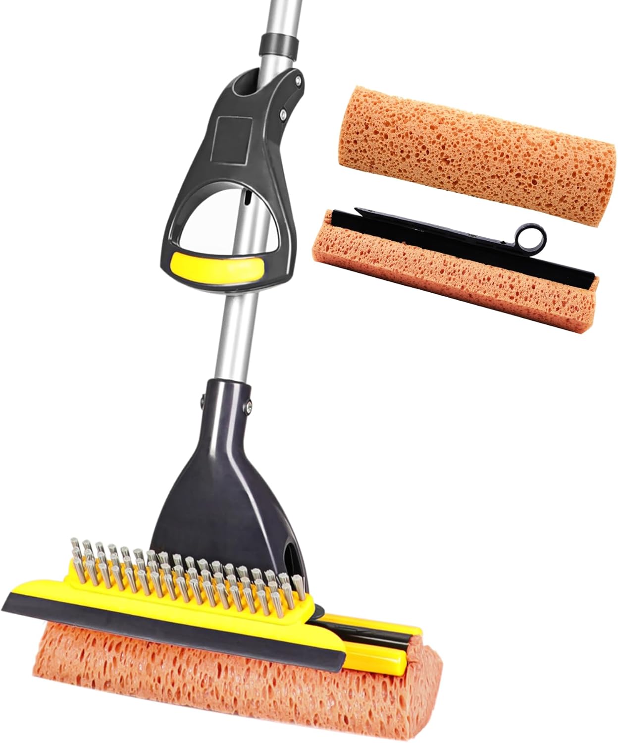 Yocada Sponge Mop Home Commercial Use Tile Floor Bathroom Garage Cleaning Total 2 Sponge Heads NOT 3 Telescopic Handle Squeegee from 42.5 to 52 Inches Easily Dry Wringing only 2 Heads