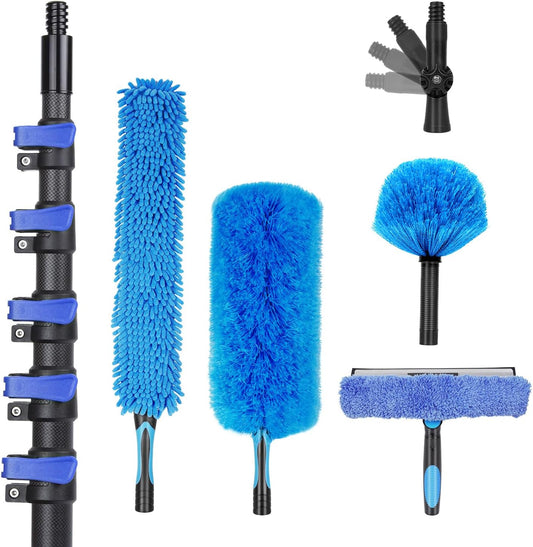 30 Foot High Ceiling Duster Kits with 4.7-24 FT Carbon Fiber Extension Pole, Feather Duster, Cobweb Duster, Ceiling Fan Duster, Window Squeegee & Cleaner with Pole 24 Ft