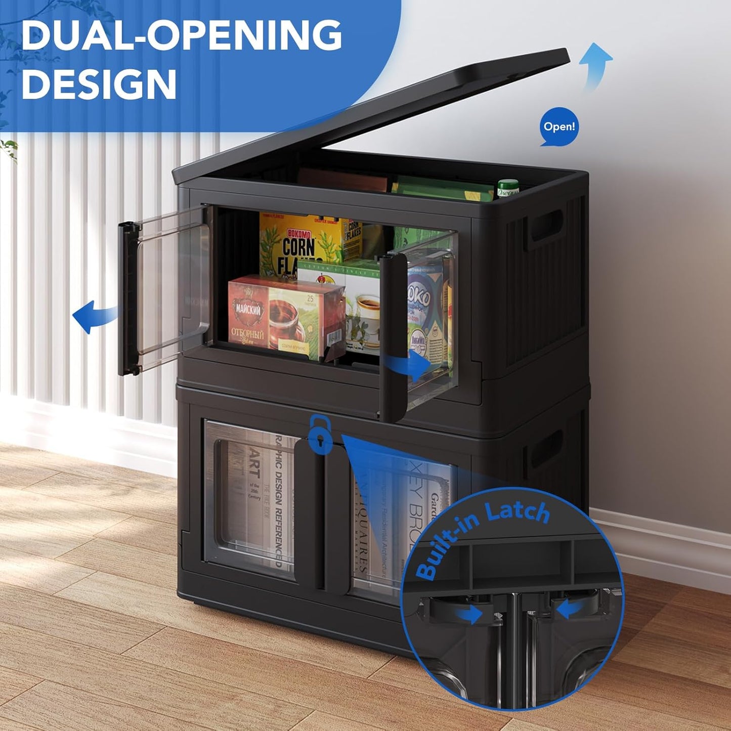 FLEXIMOUNTS 110 QT Stackable Storage Bins With Lids, Collapsible Plastic Storage Bins With Doors and Built-in Wheels For Home Dorm Closet Organizers and Storage, 3 Pack Cubes, Black