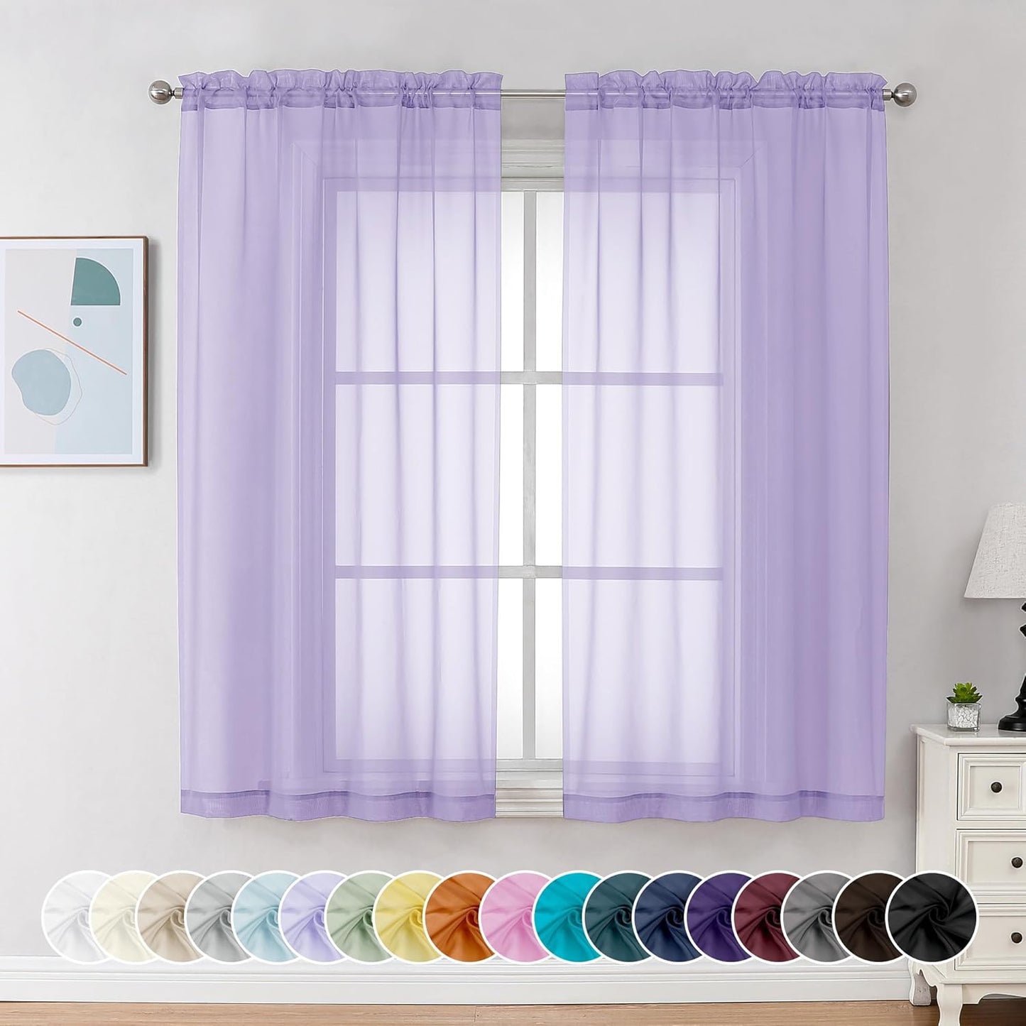 Chyhomenyc Lilac Sheer Curtains 63 Inch Length 2 Panels, Light Filtering Airy Rod Pocket Window Curtain Treatment Drapes for Bedroom Living, Each 42Wx63L Inches
