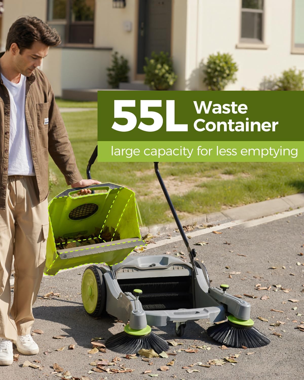 41" Industrial Walk-Behind Hand Push Floor Sweeper | Commercial 55L Large Capacity | 45000 SqFt/Hour | Indoor & Outdoor Use (Green)