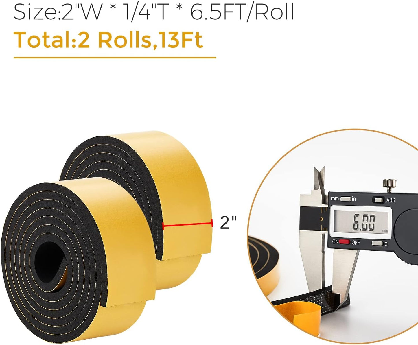 13 Feet Weather Stripping Door Seal, 2" Wide X 1/4" Thick Door Seal Strip High Density Foam Tape Adhesive Strip for Door Soundproofing,Window Insulation (2" x 1/4" x 13FT,Black)