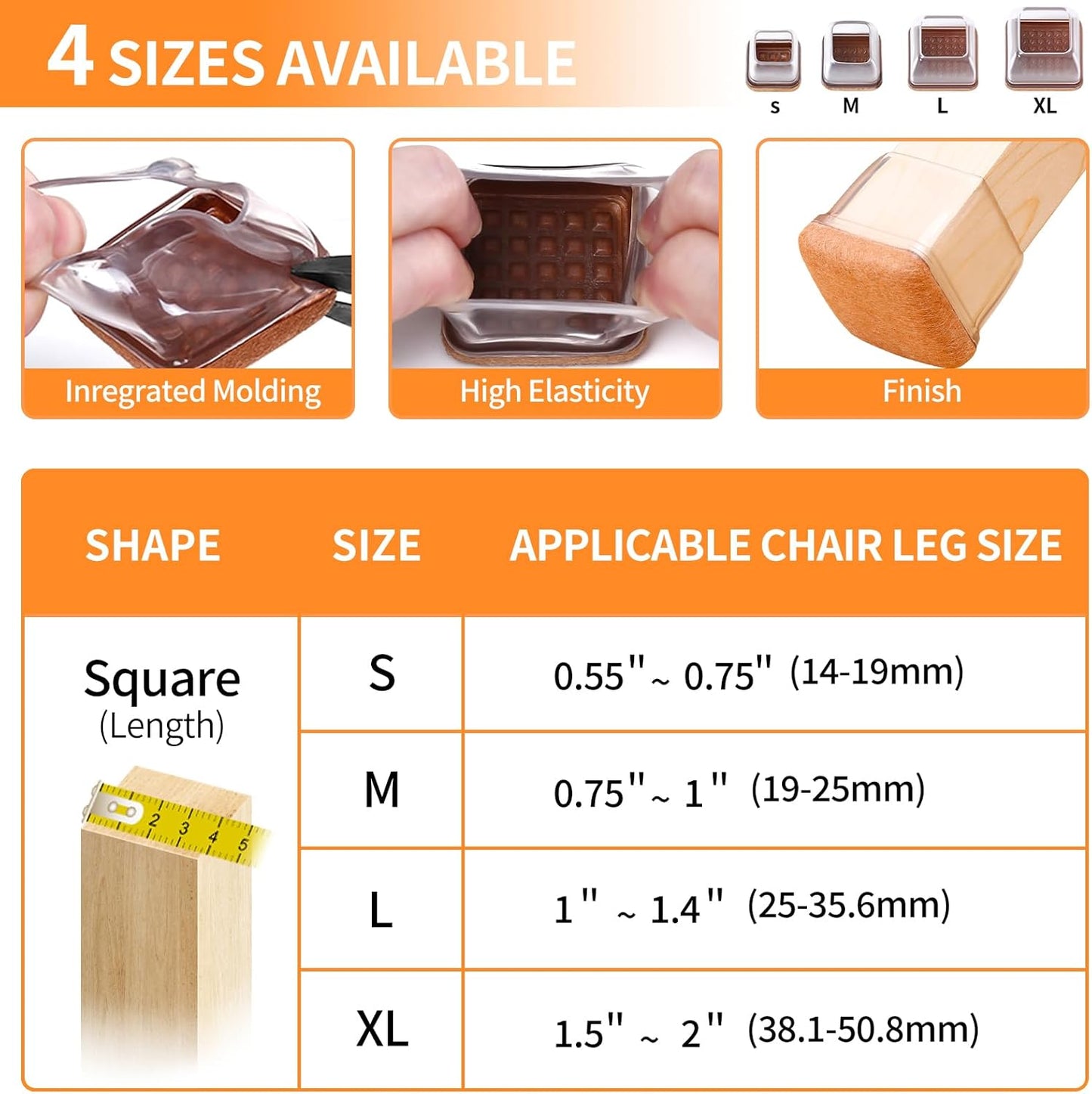 Ezprotekt 24 Pcs Small Clear Square Chair Leg Floor Protectors for Hardwood Floors, Silicone Felt Furniture Pads, Table Chair Leg Cups Covers, Bar Stool Leg Protectors Caps (S Fit: 3/5" to 7/10")