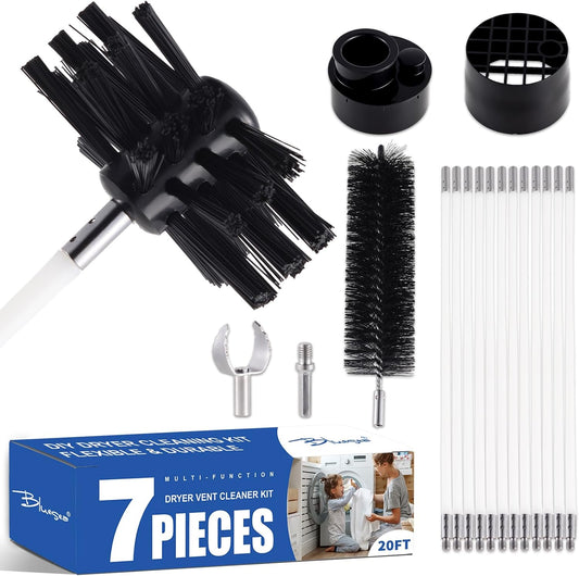 Bluesea 7 Pieces 20 Feet Dryer Vent Cleaner Kit, Reinforced Nylon Dryer Vent Cleaning Kit, Durable Dryer Vent Brush Vacuum Attachment with Flexible Lint Trap Brush, Vacuum & Dryer Adapters