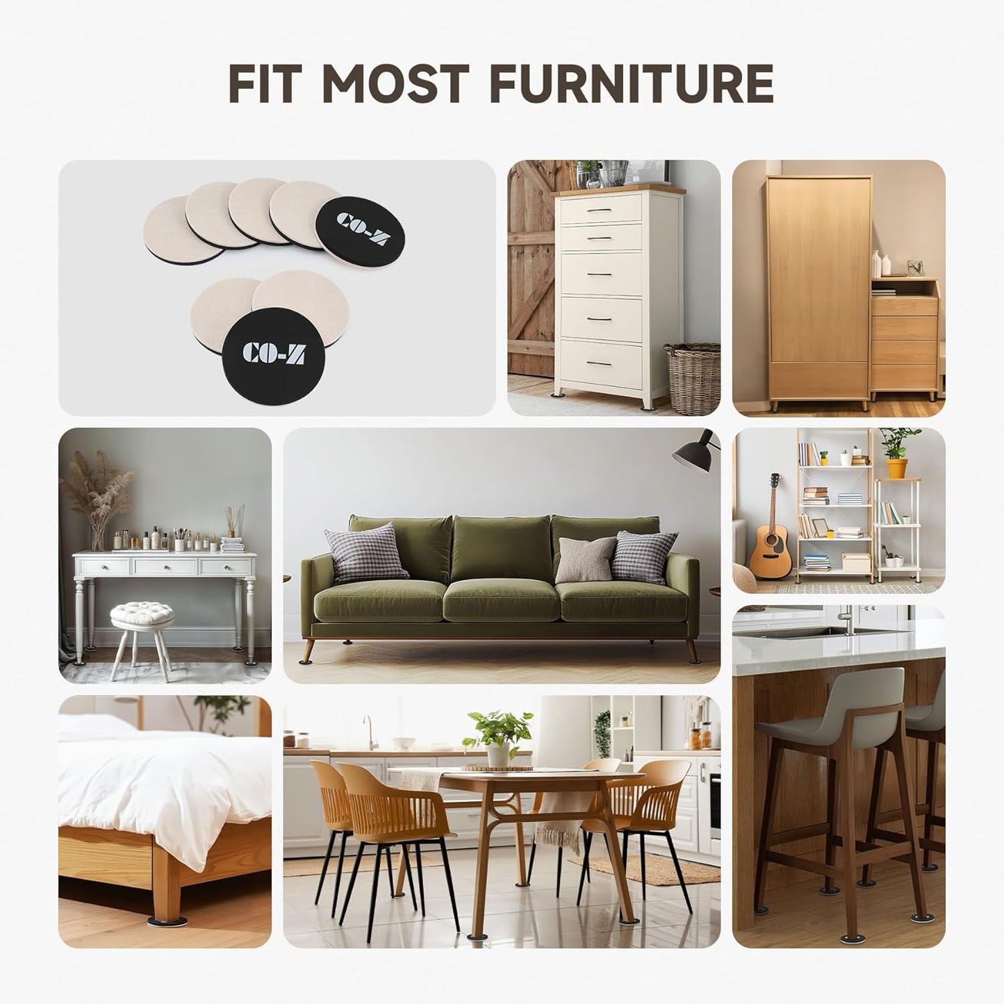 CO-Z 8pcs Felt Furniture Sliders for Hardwood Floors, 4 3/4 in Reusable Furniture Pads, Heavy Furniture Movers Sliders for Hard Surfaces, Thick Moving Pads Floor Protectors for Vinyl Tile Floors