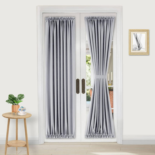 DWCN French Door Curtains – Rod Pocket Thermal Blackout Curtain for Doors with Glass Window, Kitchen and Patio Doors for Privacy, 25 X 72 Inches Long, 1 Curtain Panel with Tieback，Silver Grey