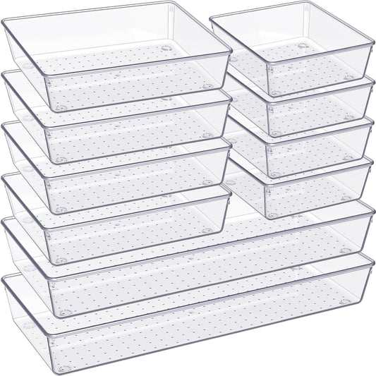 Criusia Drawer Organizer, 10 Pack Large Clear Plast Set, 3 Size Versatile Bathroom and Vanity Organizer Trays, Storage Bins for Makeup, Bedroom, Kitchen Utensils