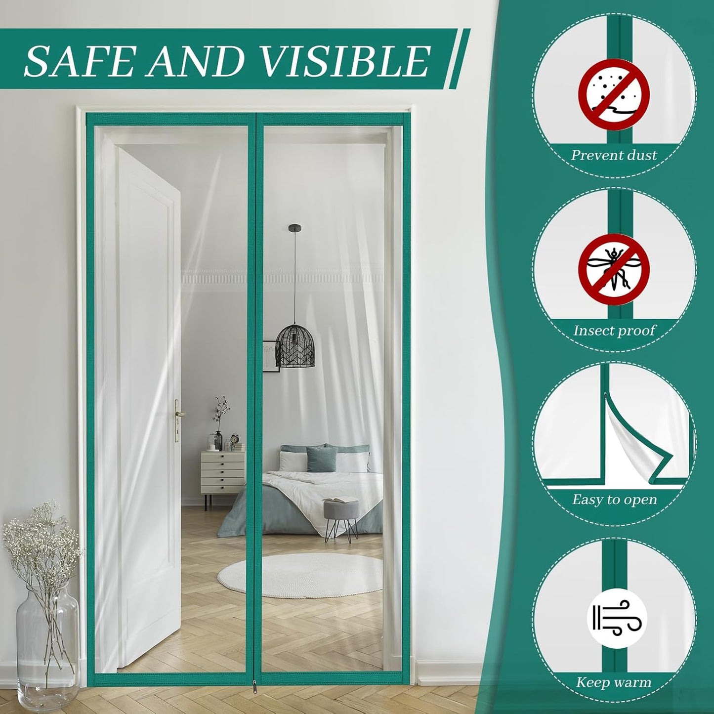 Amylove Zipper 60 x 102 Inch Dust Barrier Kit Construction Door Barrier 5 x 8.5 ft Reusable Plastic Curtain Cover Containment Standard Doorway Temporary Wall Screen Green Sheeting for Bathroom Hallway