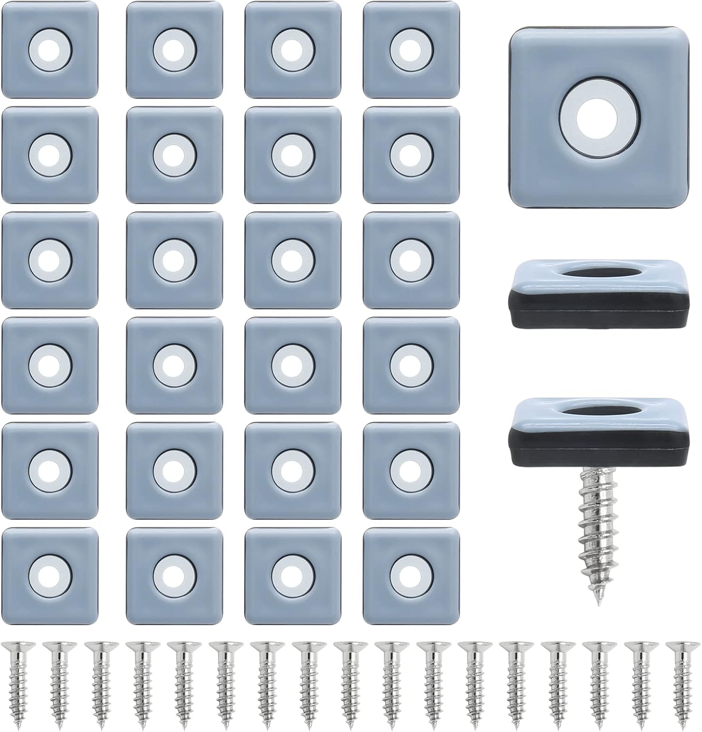24pcs 1" (25mm) Screw on Furniture Sliders, Teflon Chair Leg Slides, Square Furniture Glides with Screws for Hardwood Floors Protectors (Gray/Black)