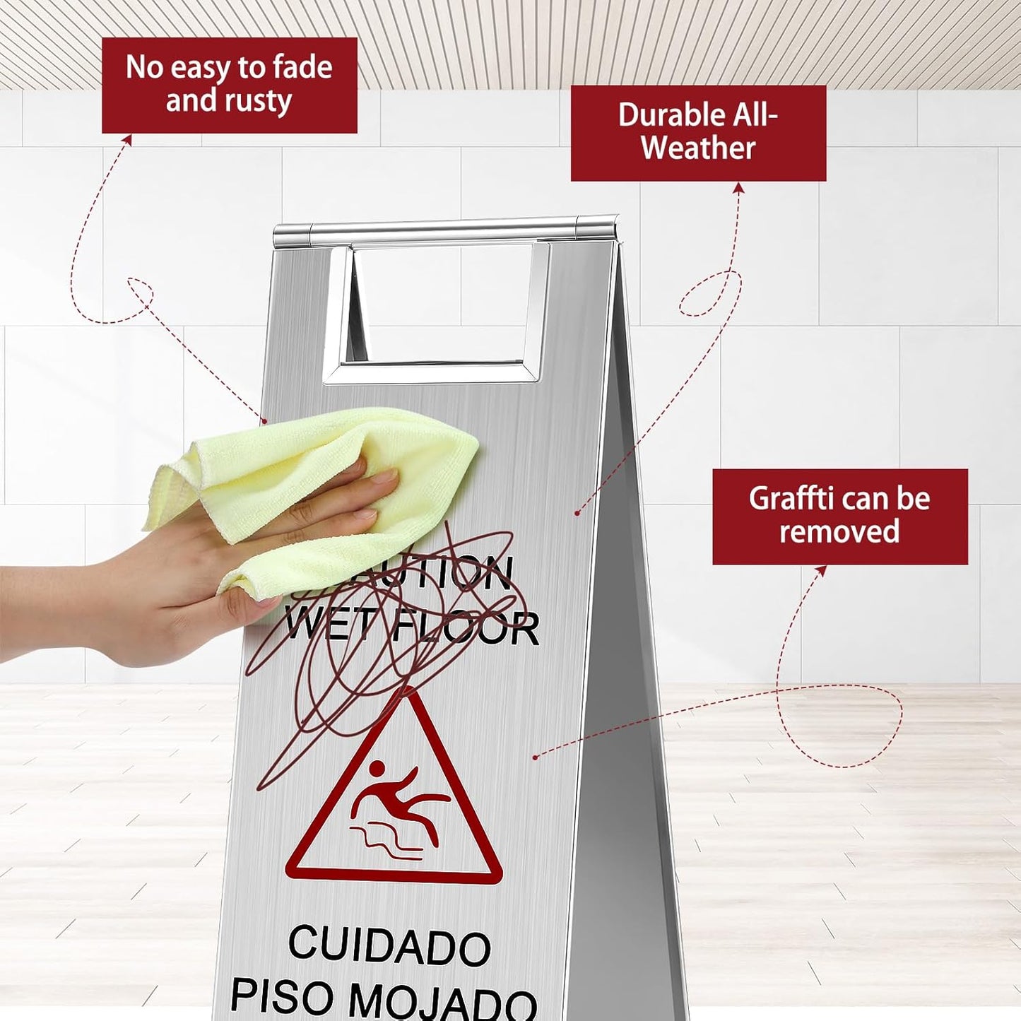 8 Pcs 24 Inch Stainless Steel Wet Floor Sign 8.8 Pound Caution Wet Floor Sign Bulk Double Sided Portable Foldable Bilingual Safety Warning for Kitchen Restaurant Restroom Avoid Fall (Silver)