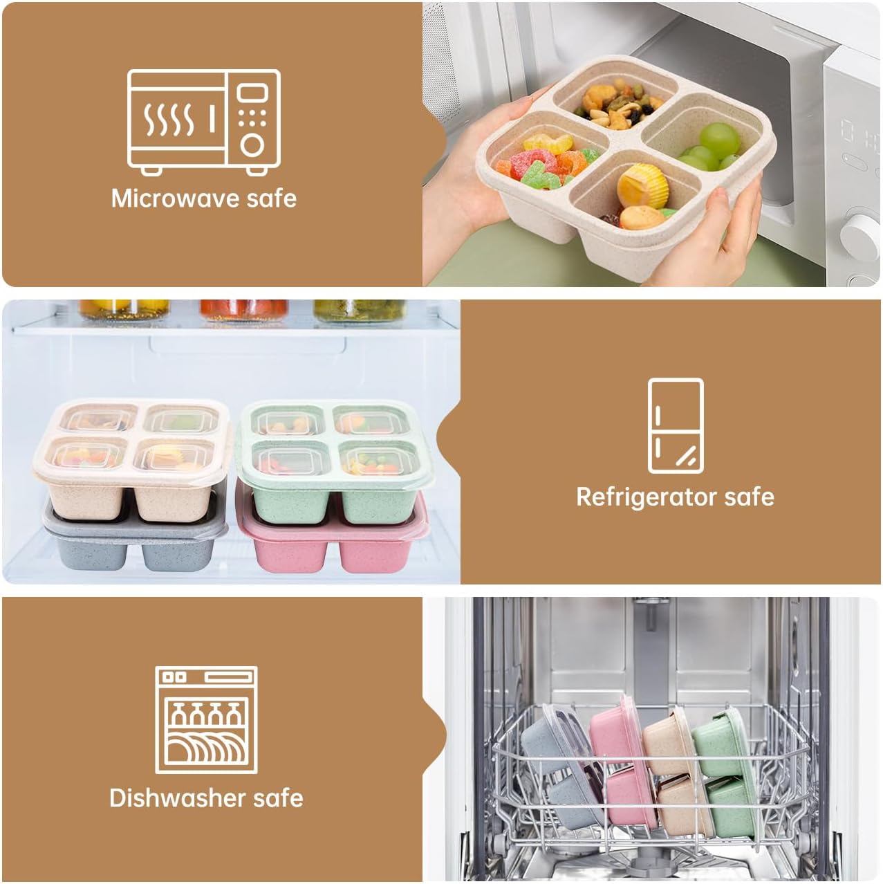 4 Pack Bento Lunch Box，4 Compartment Snack Containers，Divided Bento Snack Box，Meal Prep Containers Kids/Toddle/Adults,Food Storage Containers for School, Work and Travel