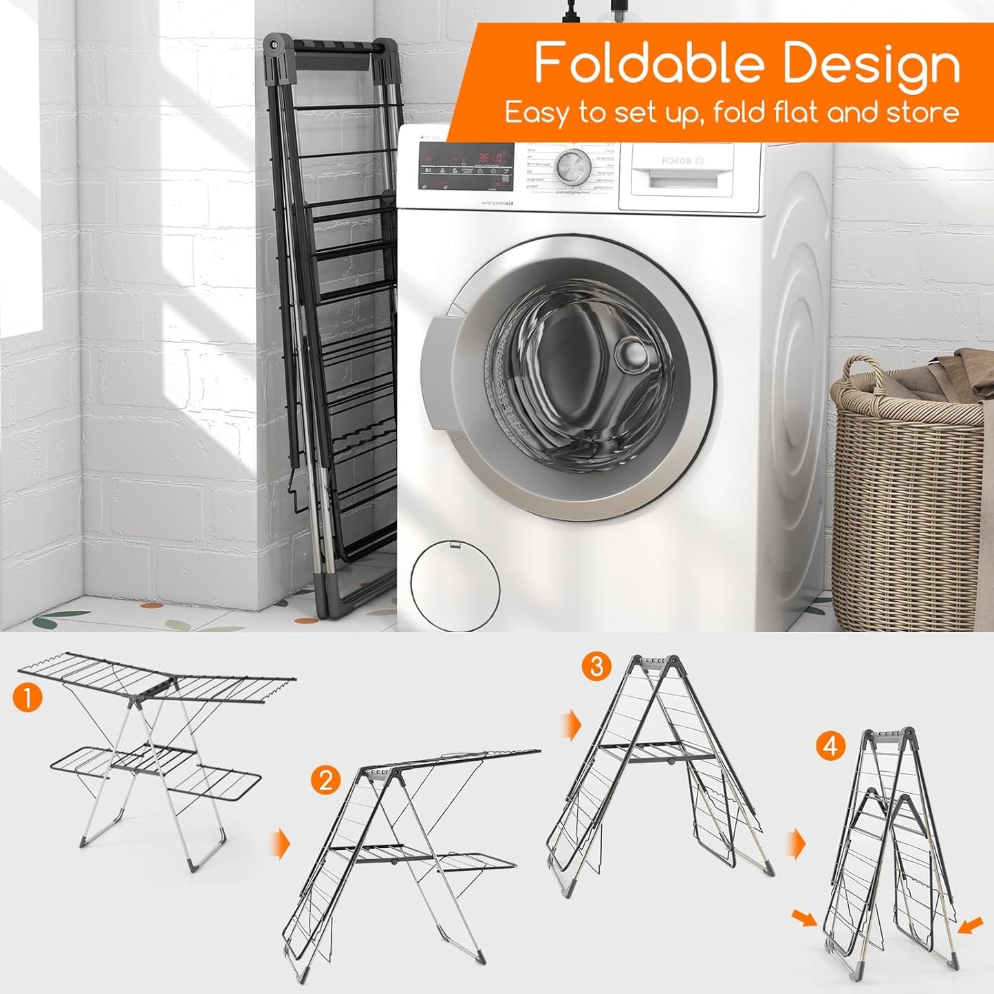 Giantex Clothes Drying Rack, Foldable Laundry Drying Rack with 33 Drying Rails, 3-Level Adjustable Height, Versatile Clips, Wave-Shaped Bars, Collapsible Freestanding Airer for Indoor Outdoor