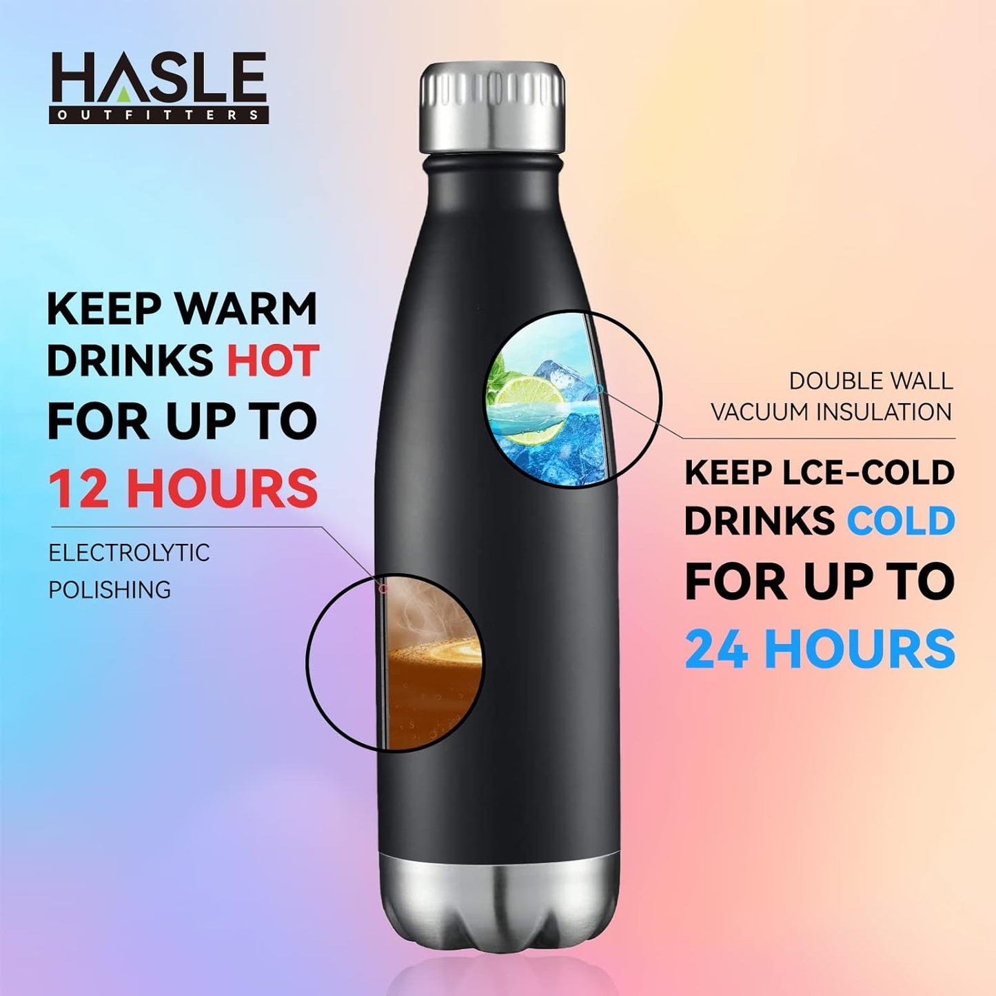 HASLE OUTFITTERS 17oz Stainless Steel Water Bottles, Vacuum Insulated Water Bottles Double Walled Reusable Metal Sports Water Bottles Keep Drinks Hot and Cold, Black, 1Pack