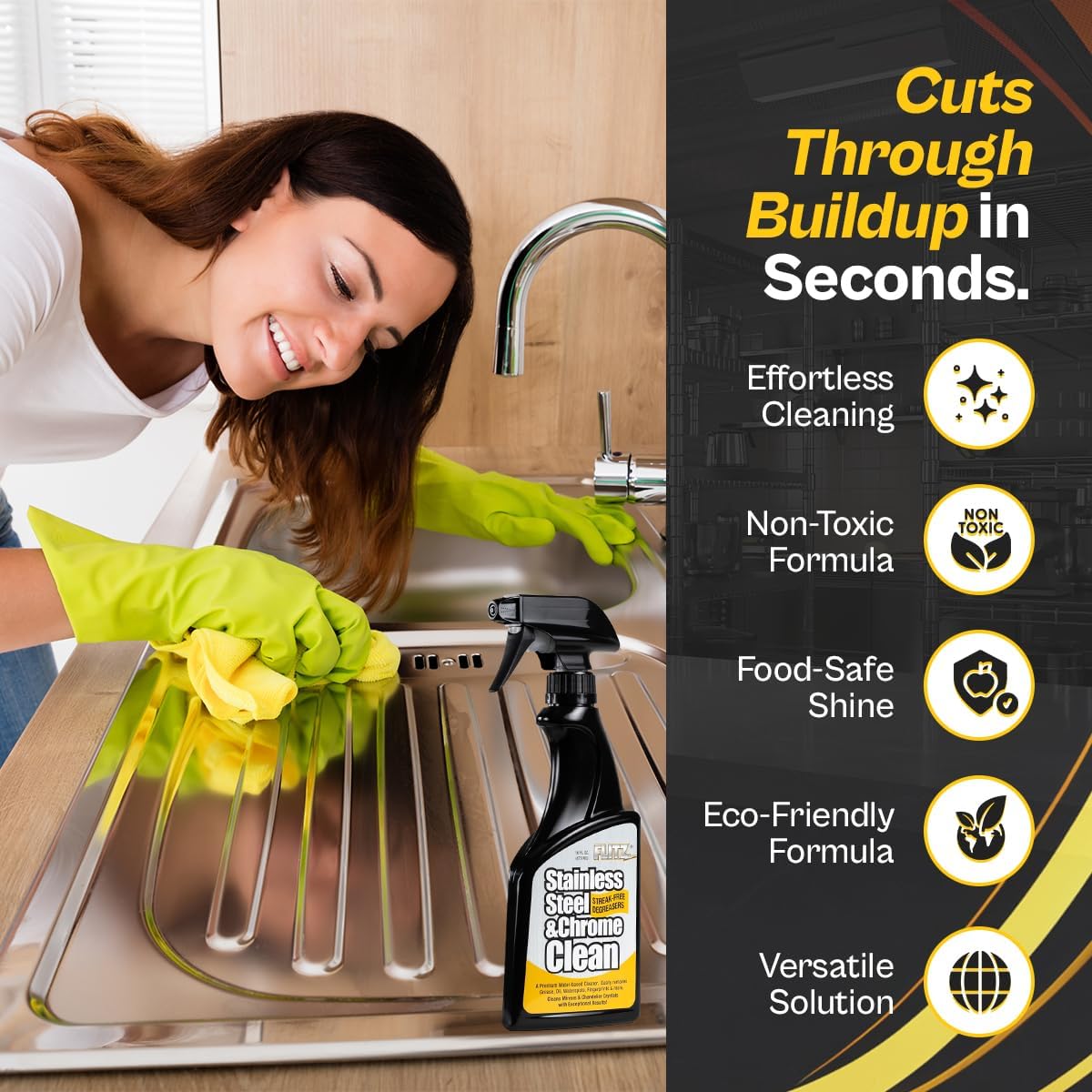 Flitz Stainless Steel & Chrome Clean - 16oz Bottle, USA-Made Stainless Steel Cleaner Spray for Appliances - Grill, Fridge, Sink Stain Remover - Also Works on Aluminum Surfaces (3 Pack)